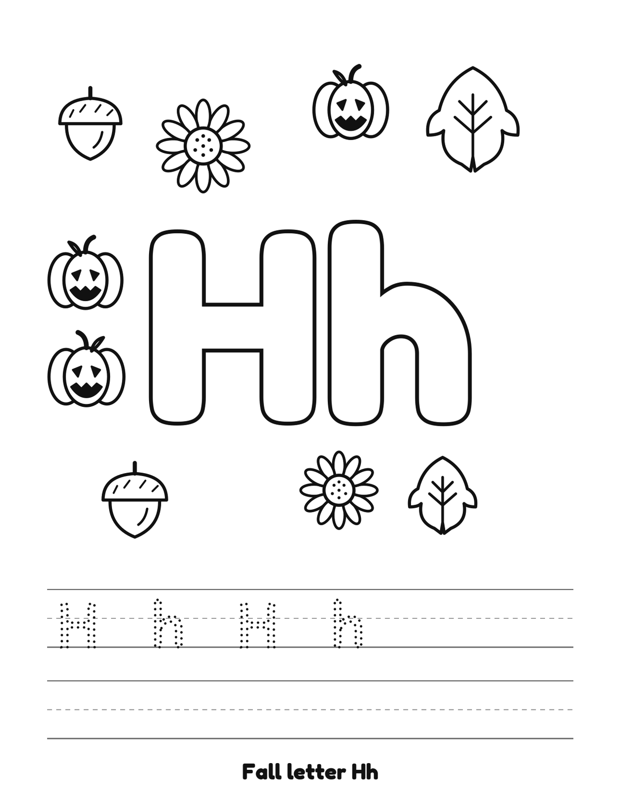 Fall letter Hh coloring and tracing page with pumpkins, leaves and acorns