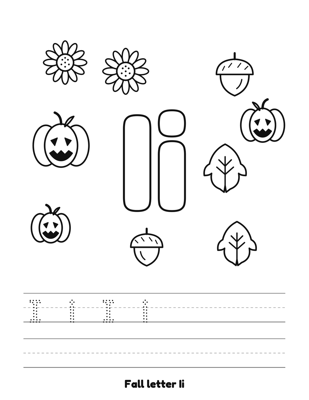 Fall letter Ii coloring and tracing page with pumpkins, leaves and acorns