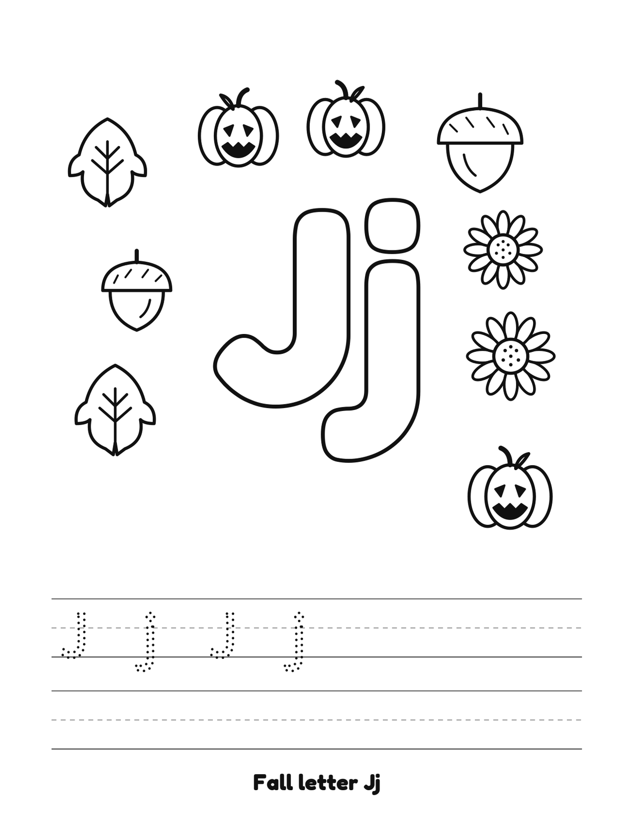 Fall letter Jj coloring and tracing page with pumpkins, leaves and acorns