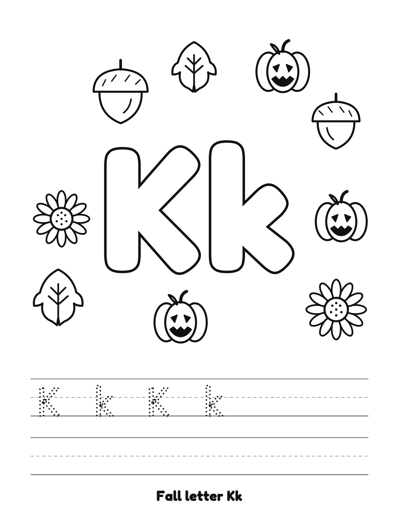 Fall letter Kk coloring and tracing page with pumpkins, leaves and acorns
