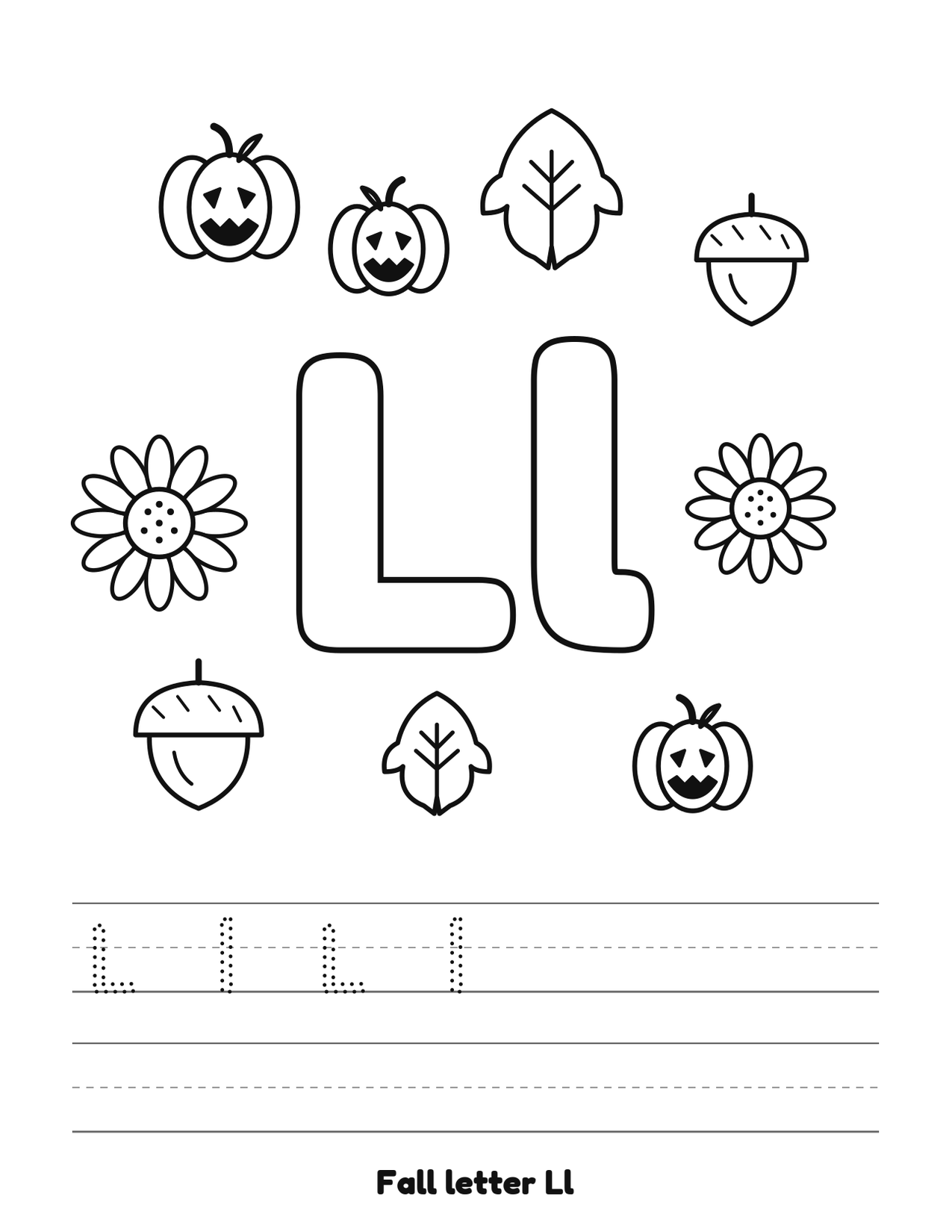 Fall letter Ll coloring and tracing page with pumpkins, leaves and acorns