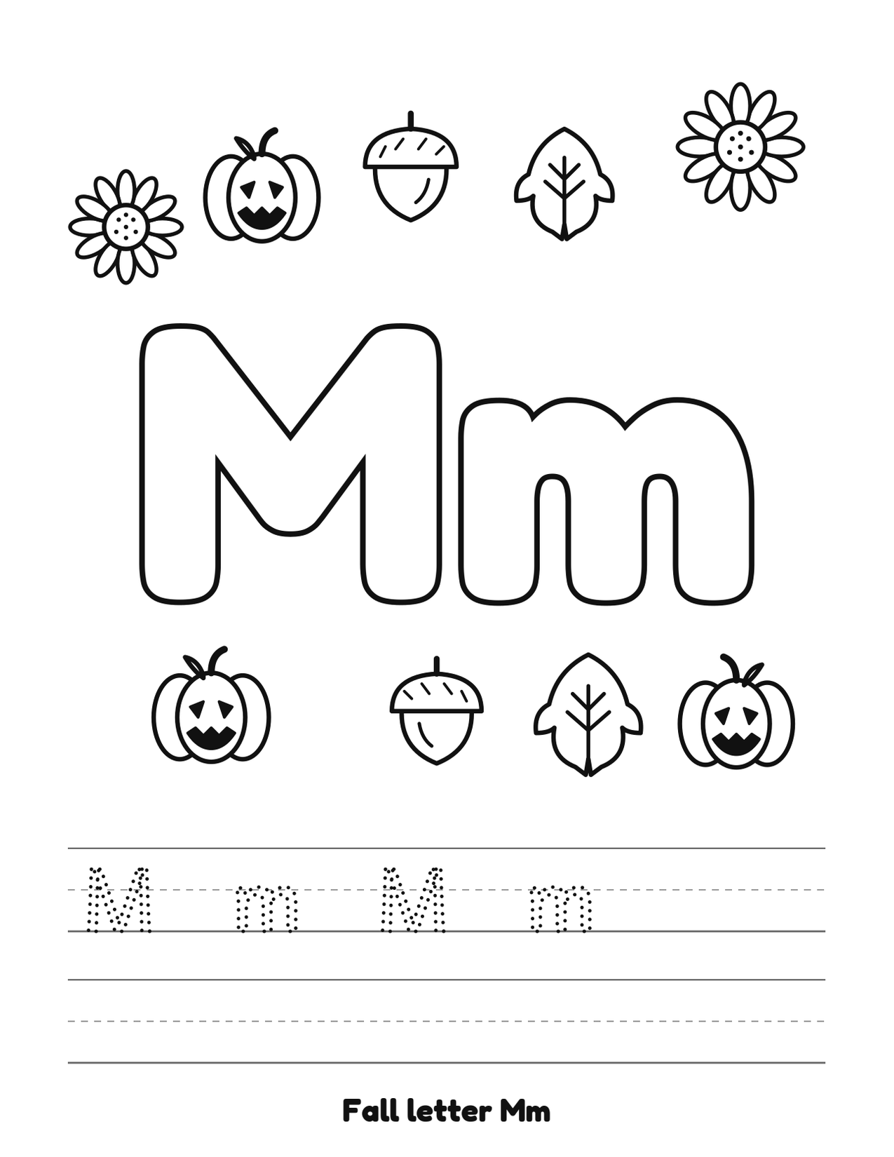 Fall letter Mm coloring and tracing page with pumpkins, leaves and acorns