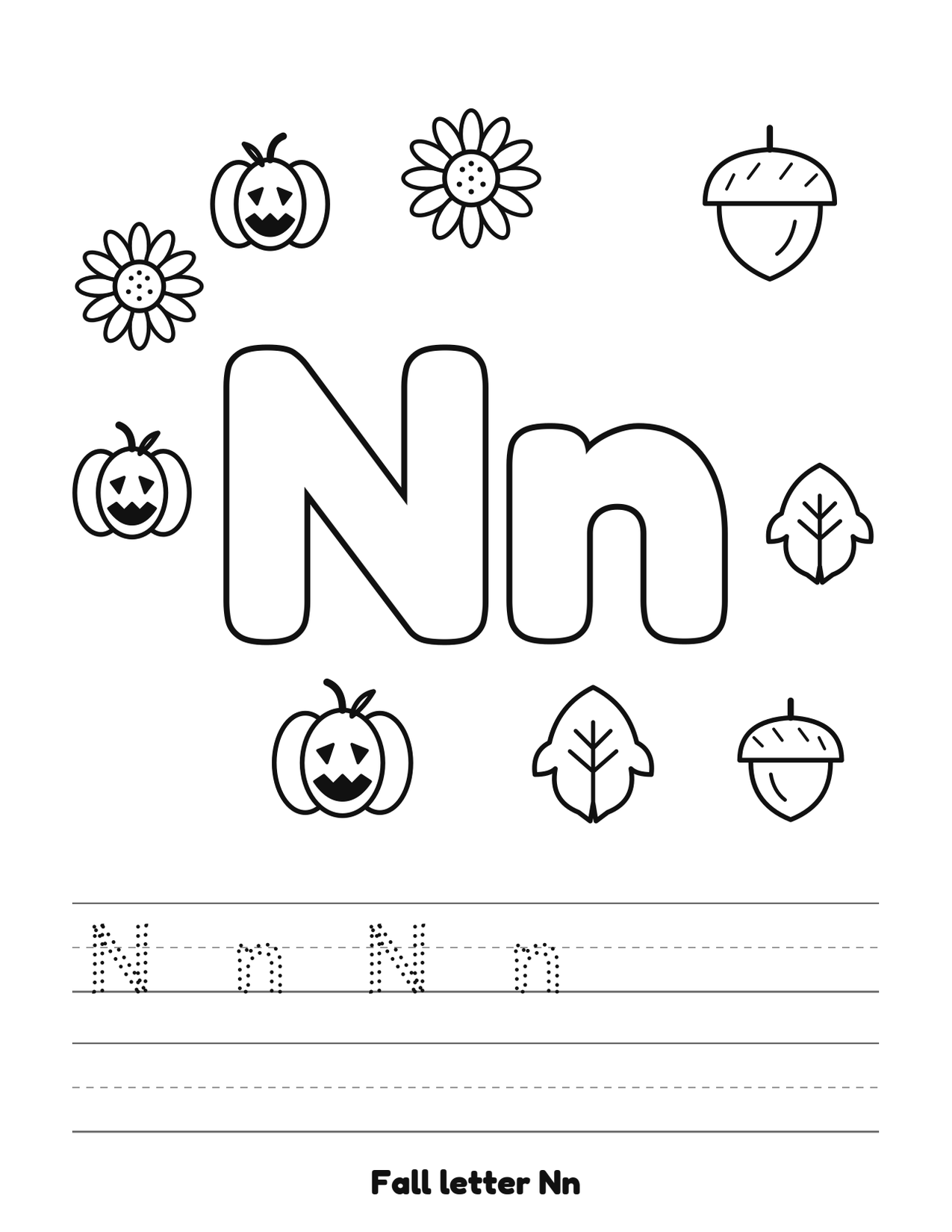 Fall letter Nn coloring and tracing page with pumpkins, leaves and acorns