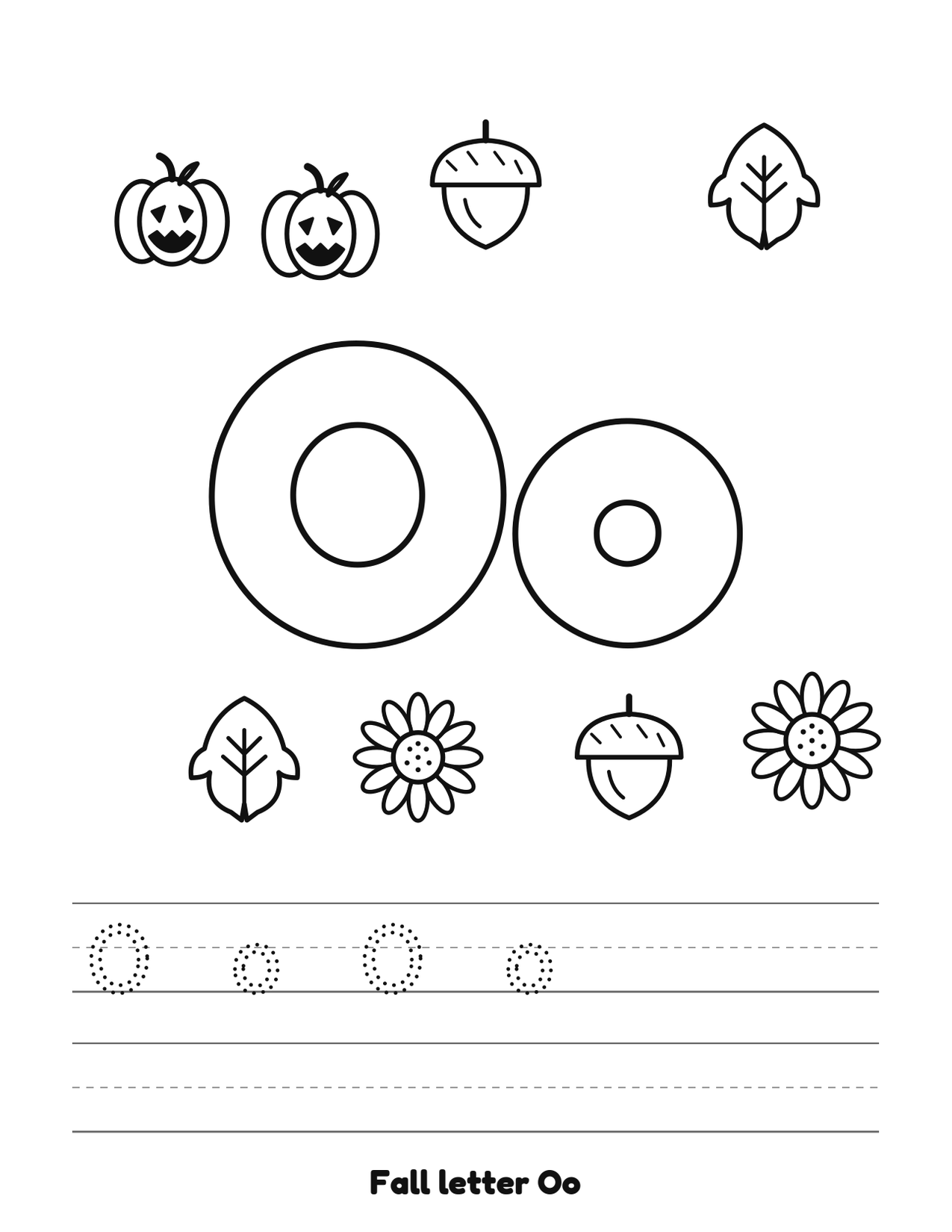 Fall letter Oo coloring and tracing page with pumpkins, leaves and acorns