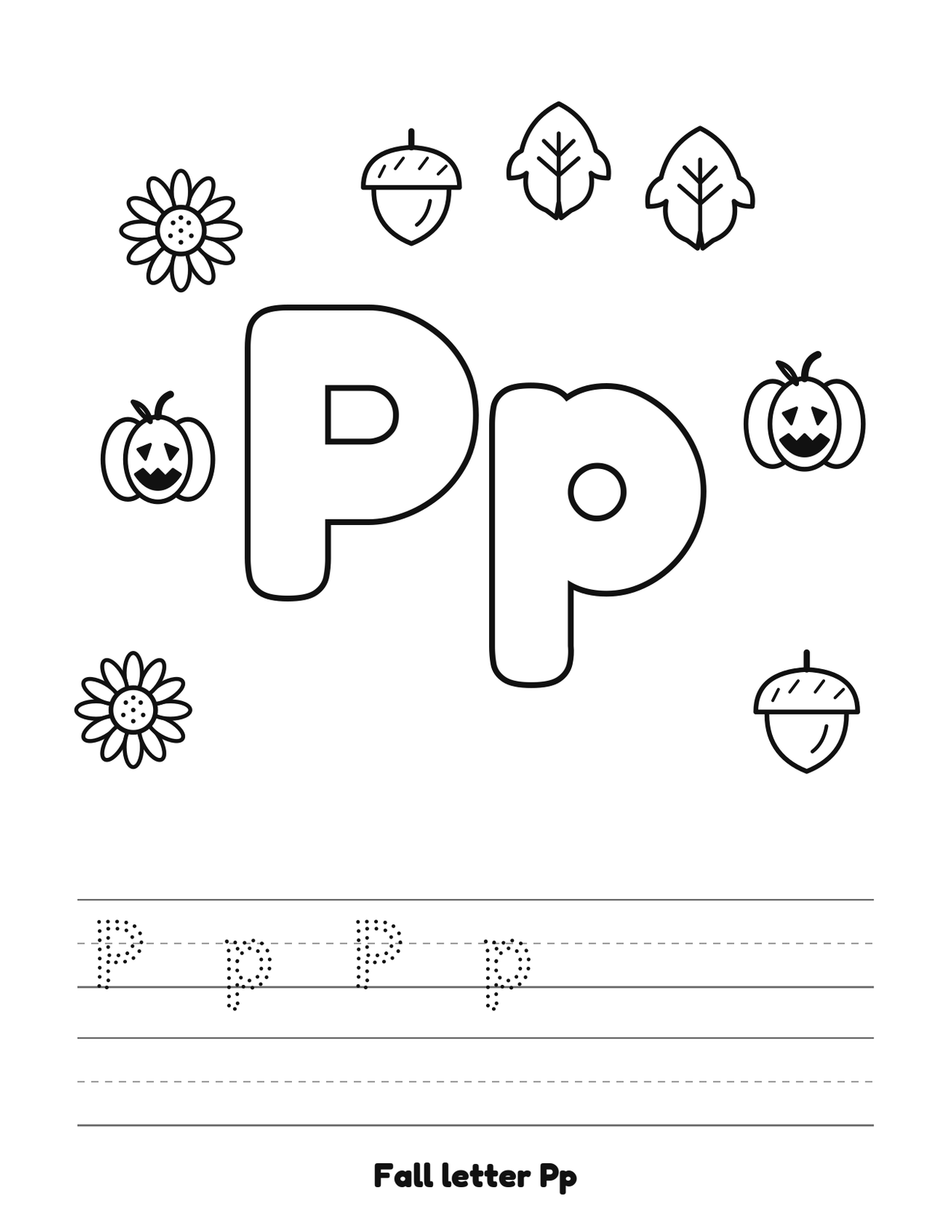 Fall letter Pp coloring and tracing page with pumpkins, leaves and acorns