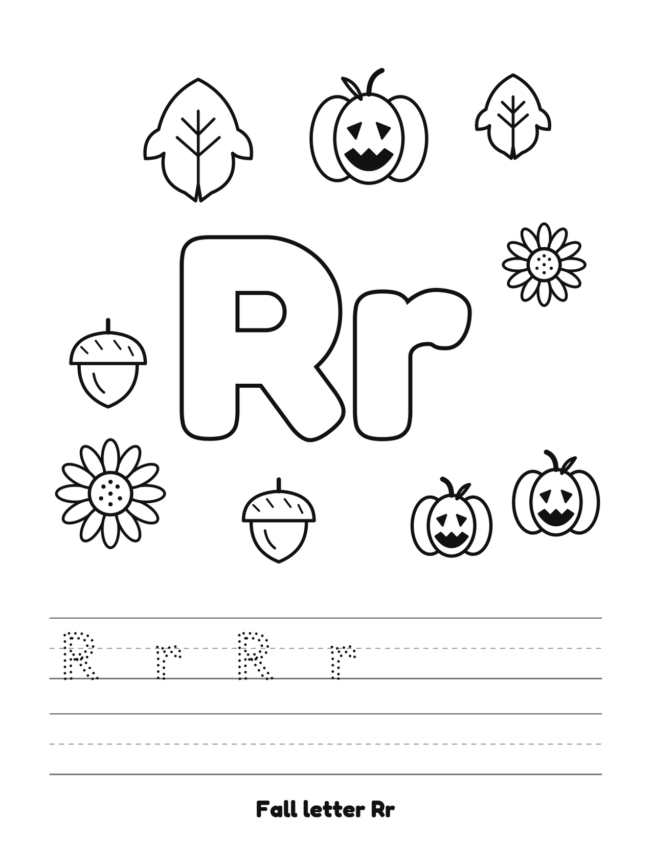 Fall letter Rr coloring and tracing page with pumpkins, leaves and acorns