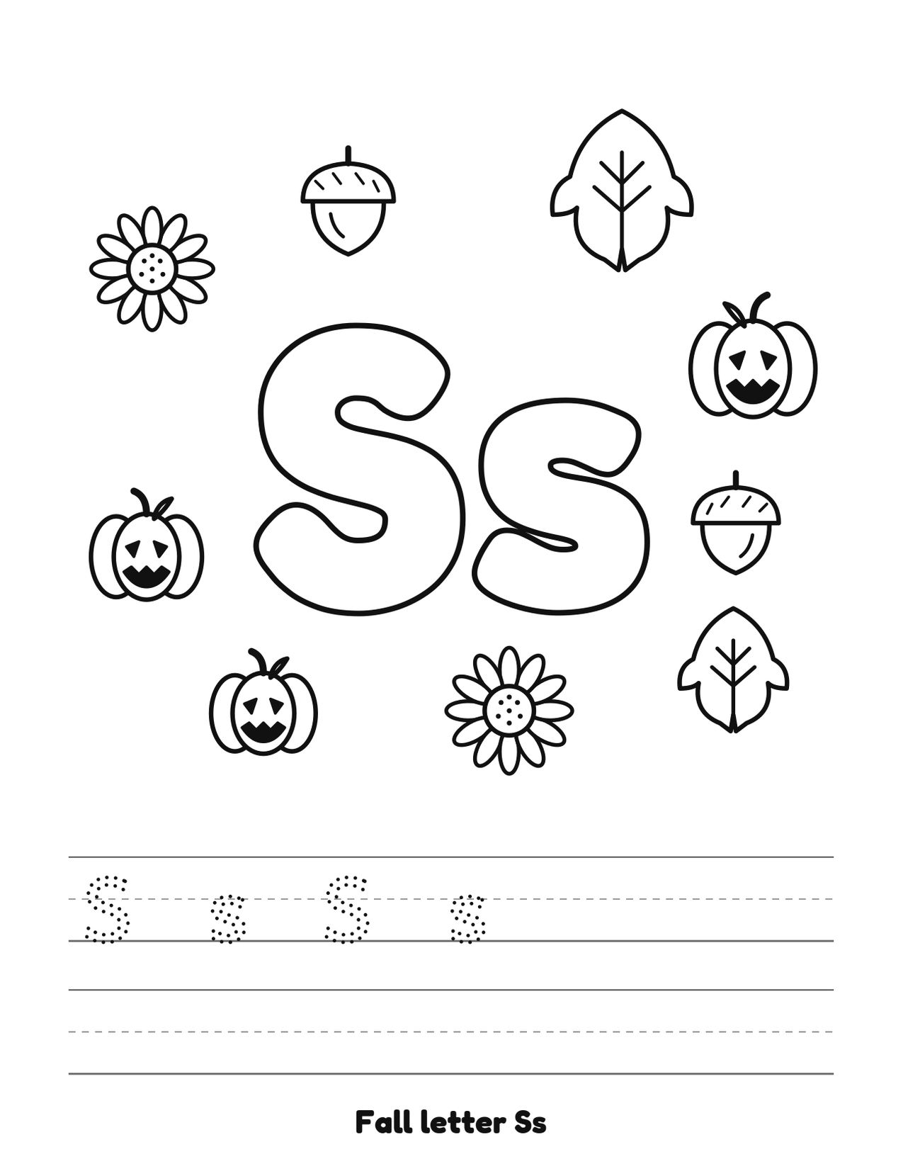 Fall letter Ss coloring and tracing page with pumpkins, leaves and acorns