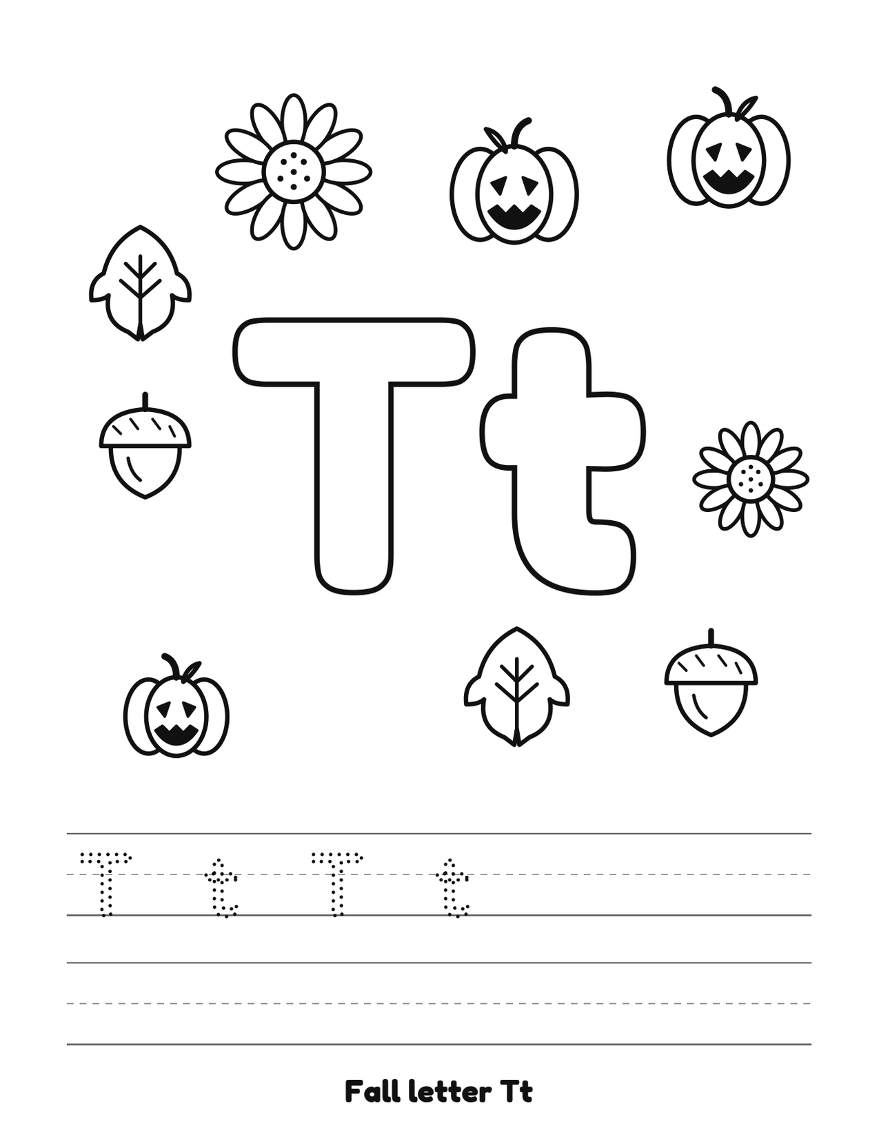 Fall letter Tt coloring and tracing page with pumpkins, leaves and acorns