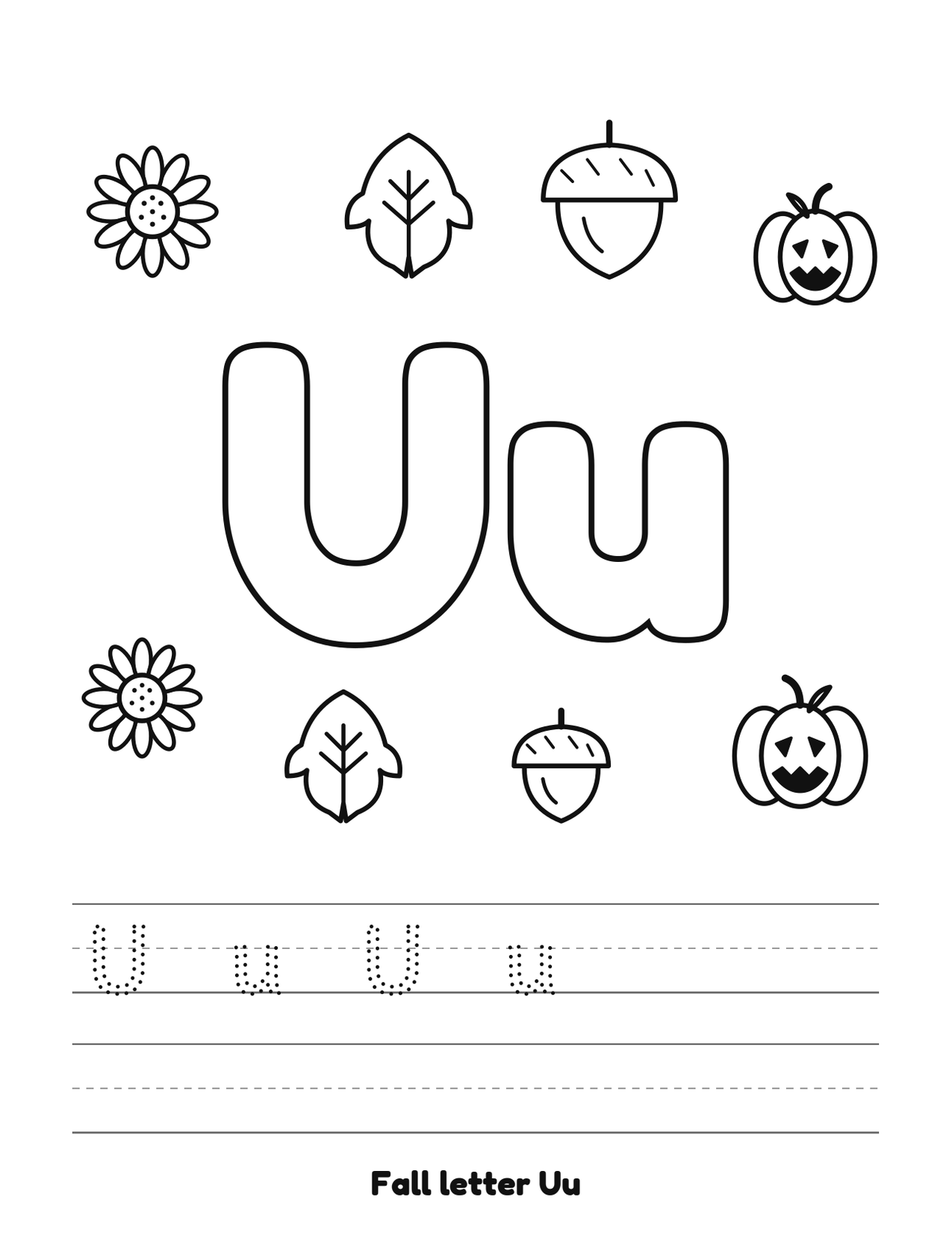 Fall letter Uu coloring and tracing page with pumpkins, leaves and acorns