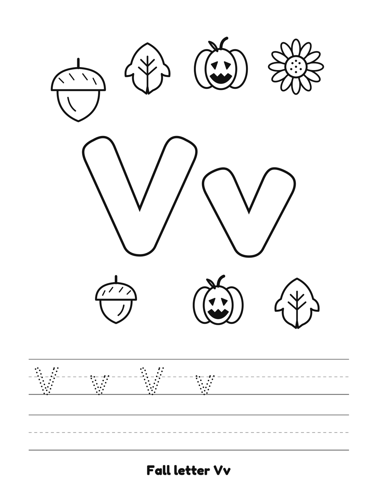 Fall letter Vv coloring and tracing page with pumpkins, leaves and acorns