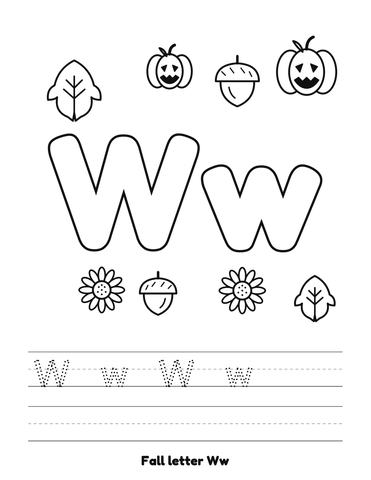 Fall letter Ww coloring and tracing page with pumpkins, leaves and acorns