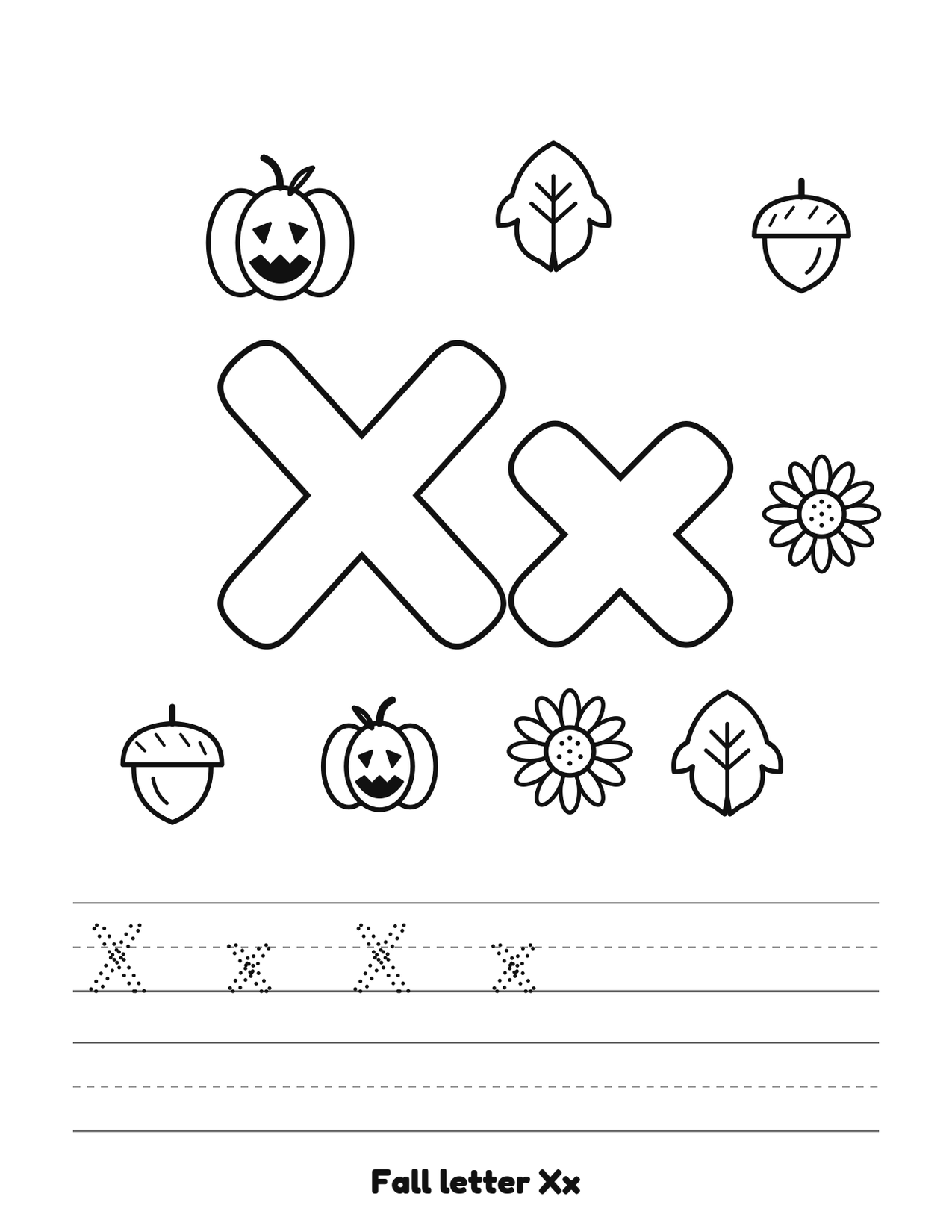 Fall letter Xx coloring and tracing page with pumpkins, leaves and acorns