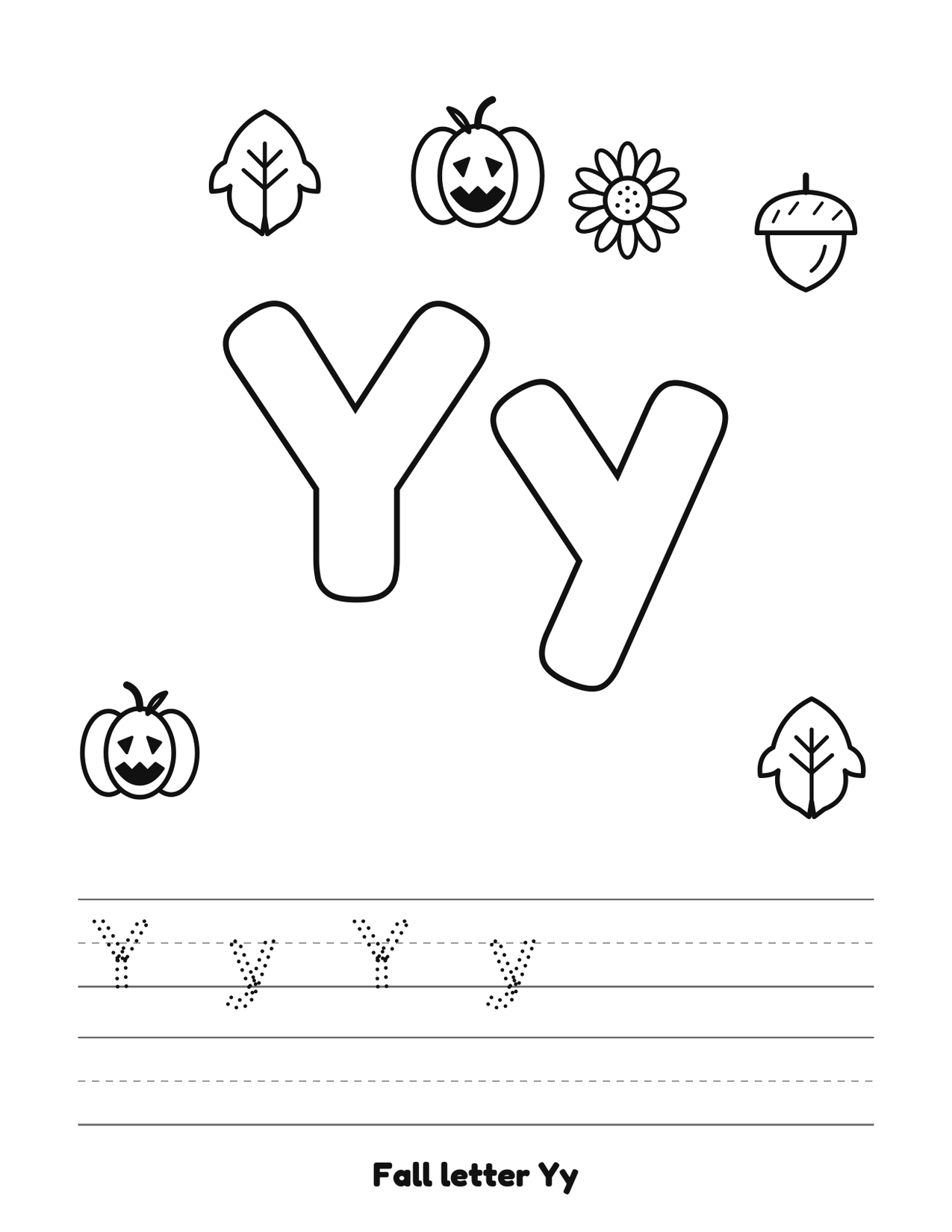 Fall letter Yy coloring and tracing page with pumpkins, leaves and acorns