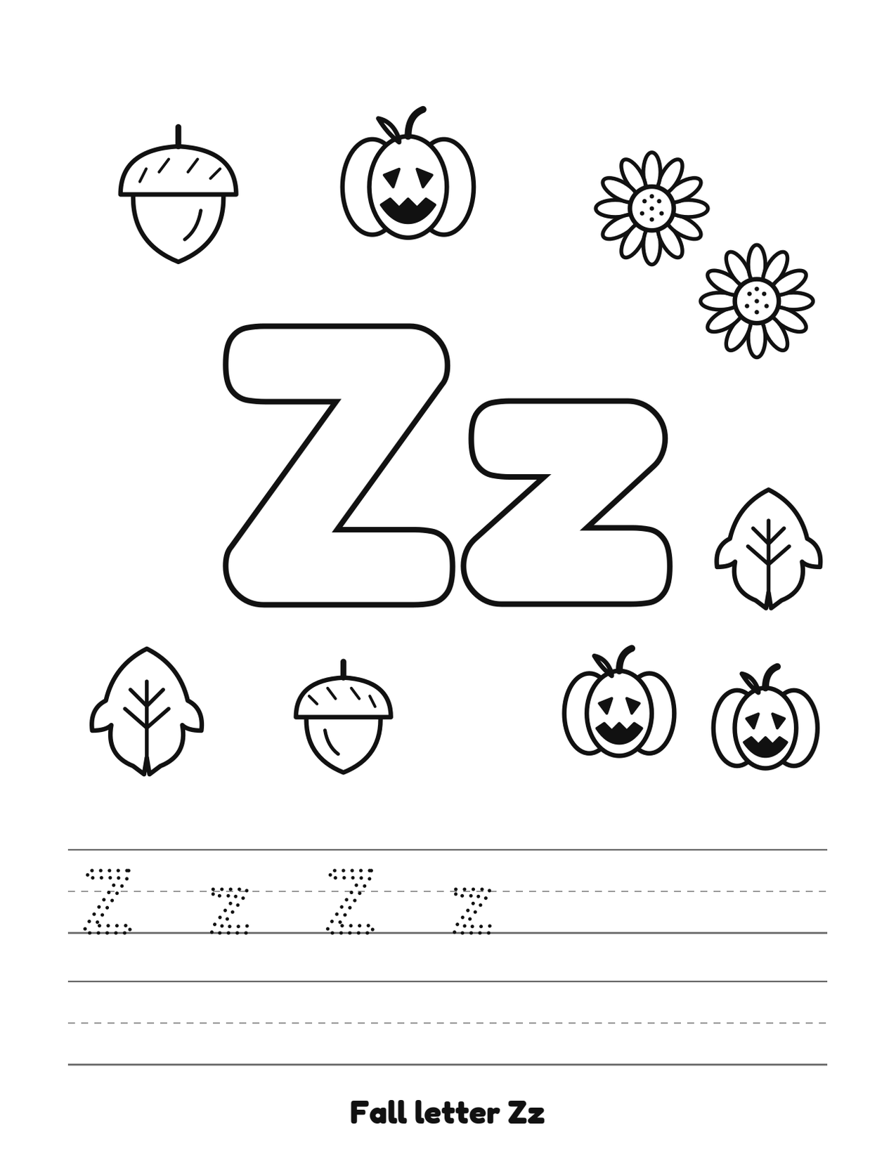 Fall letter Zz coloring and tracing page with pumpkins, leaves and acorns