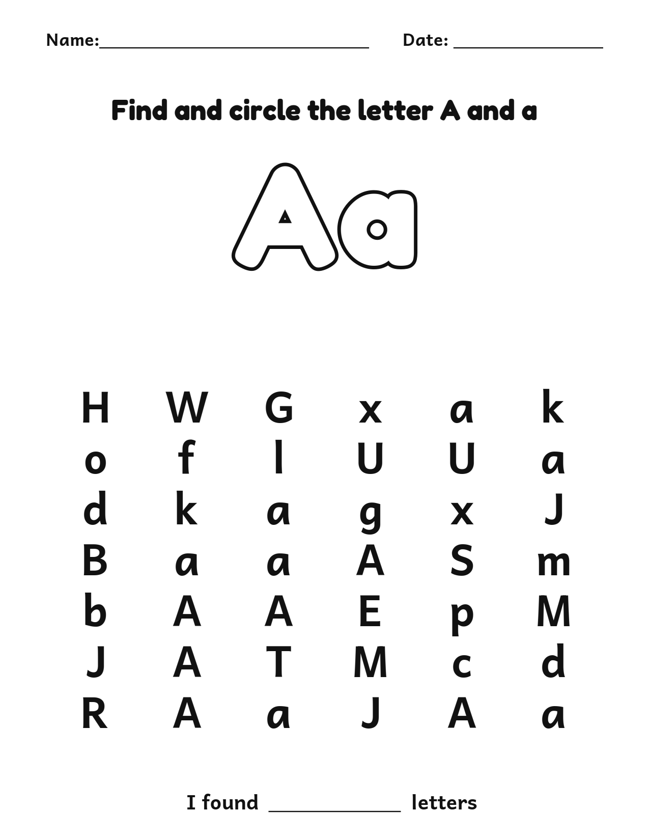 Find and circle the letter A and a letter recognition worksheet