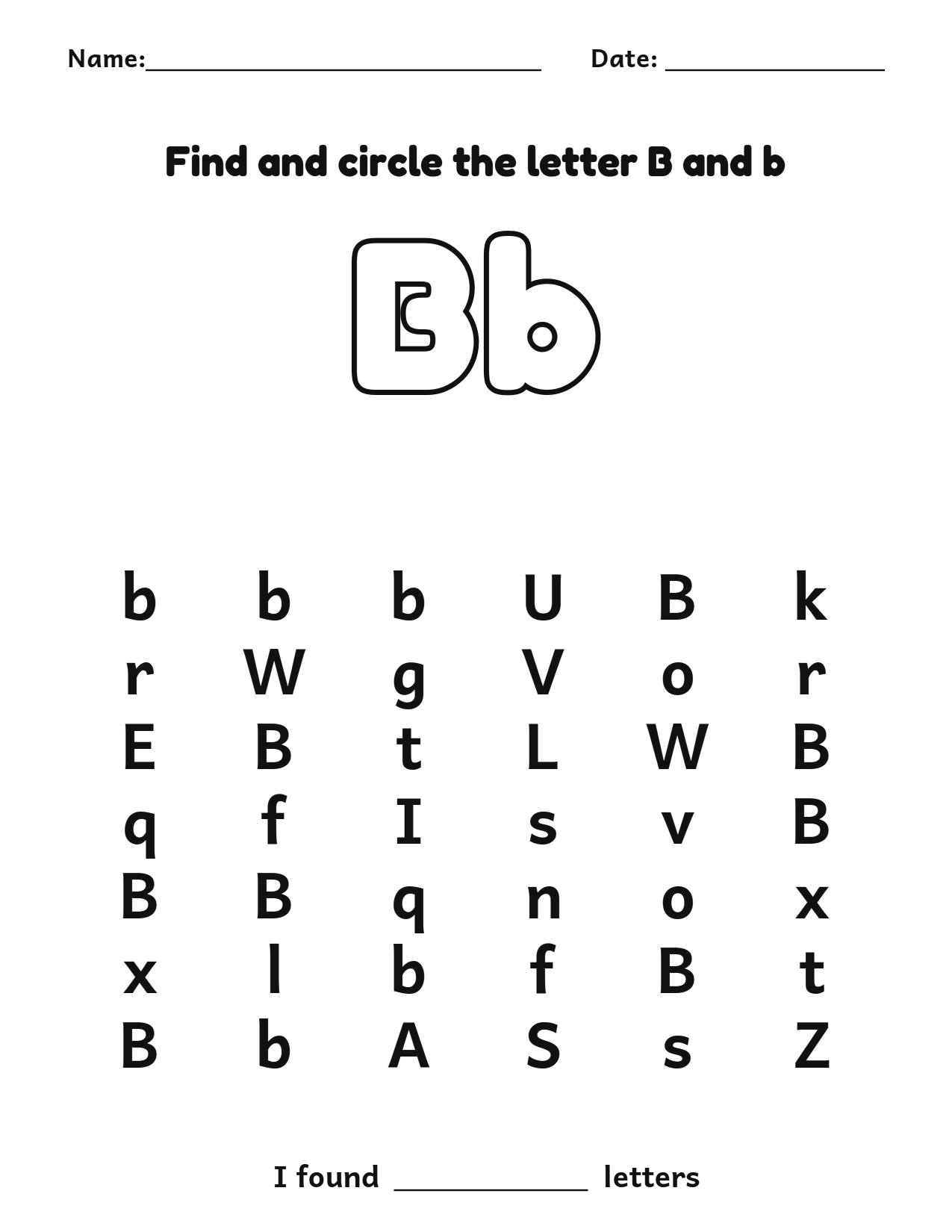 Find and circle the letter B and b letter recognition worksheet