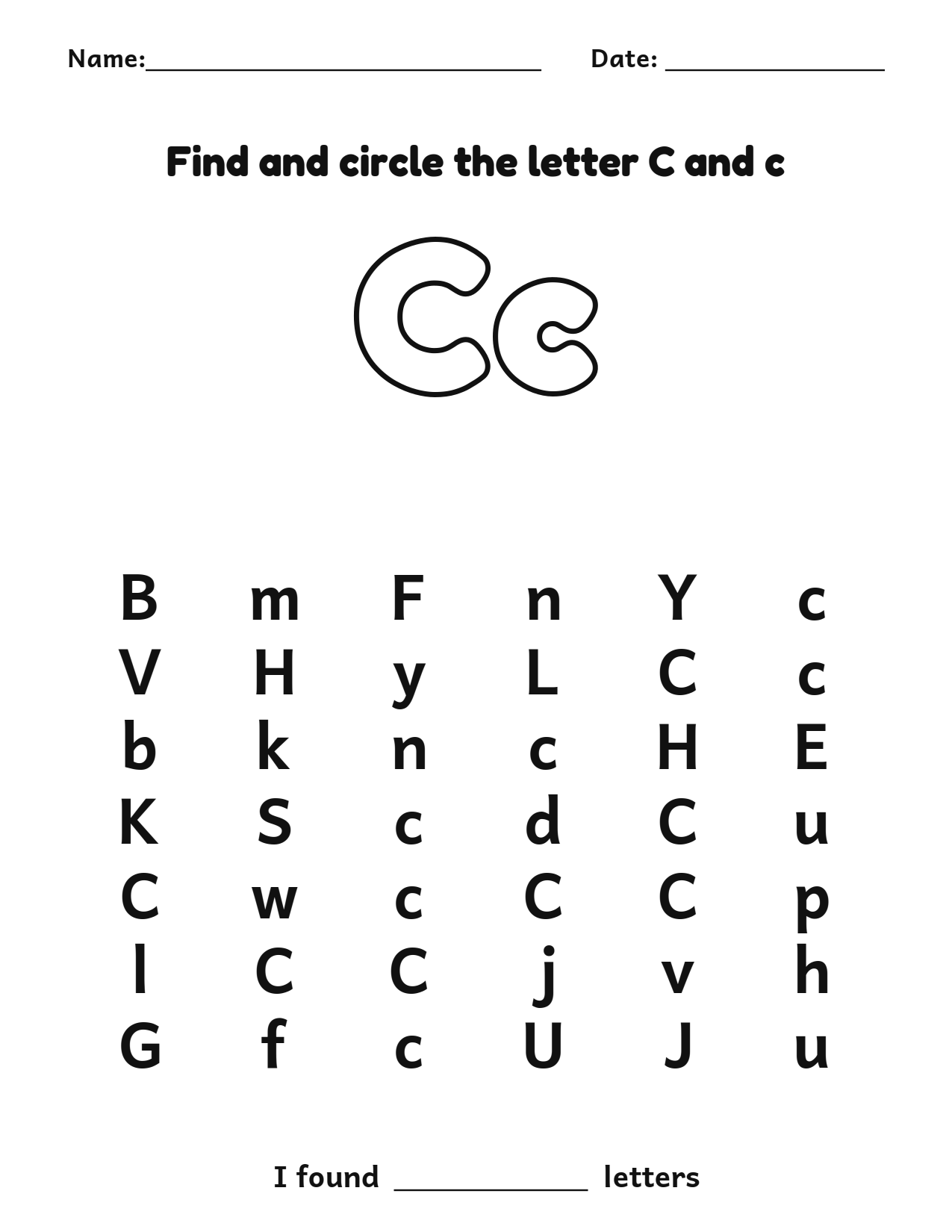 Find and circle the letter C and c letter recognition worksheet