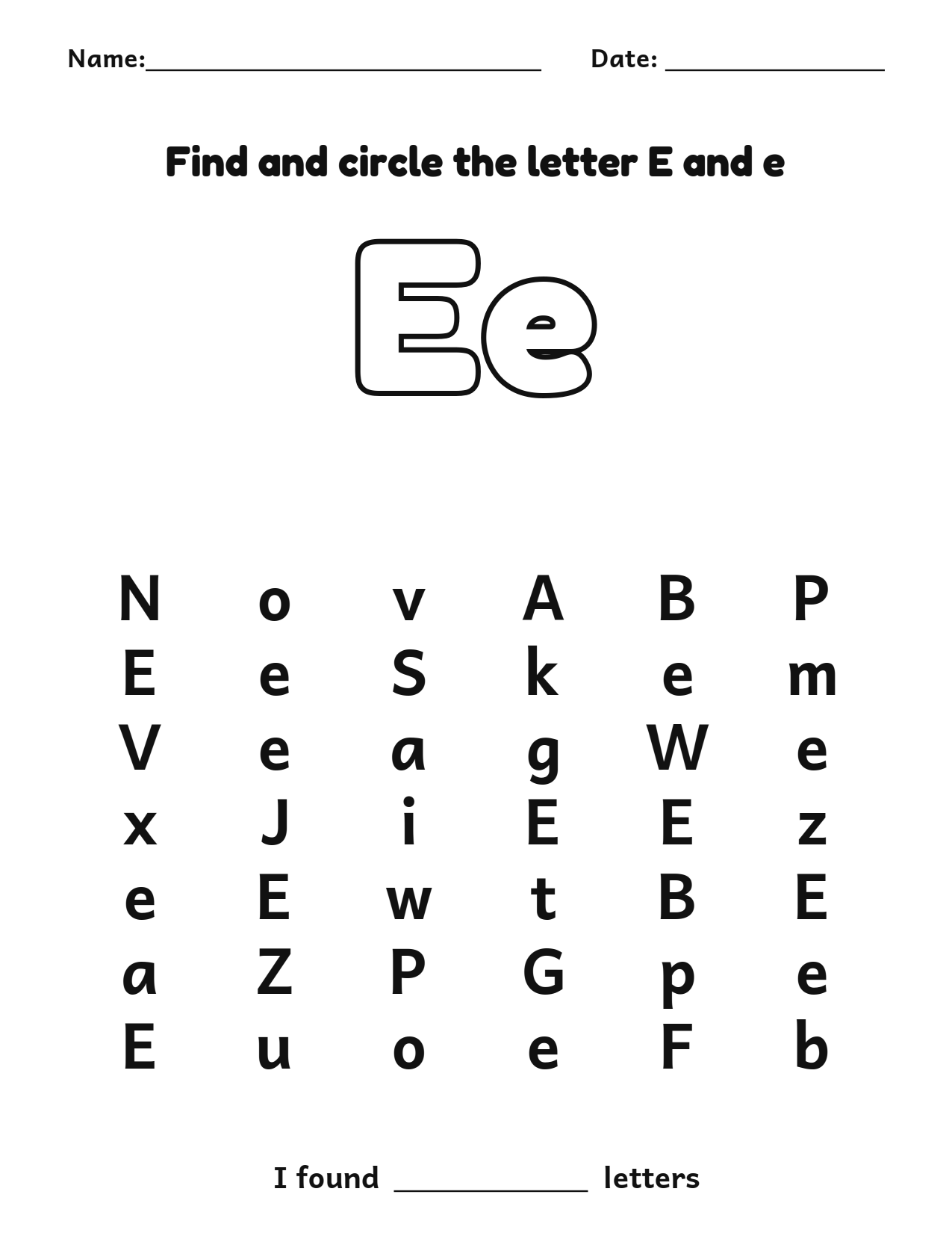 Find and circle the letter E and e letter recognition worksheet
