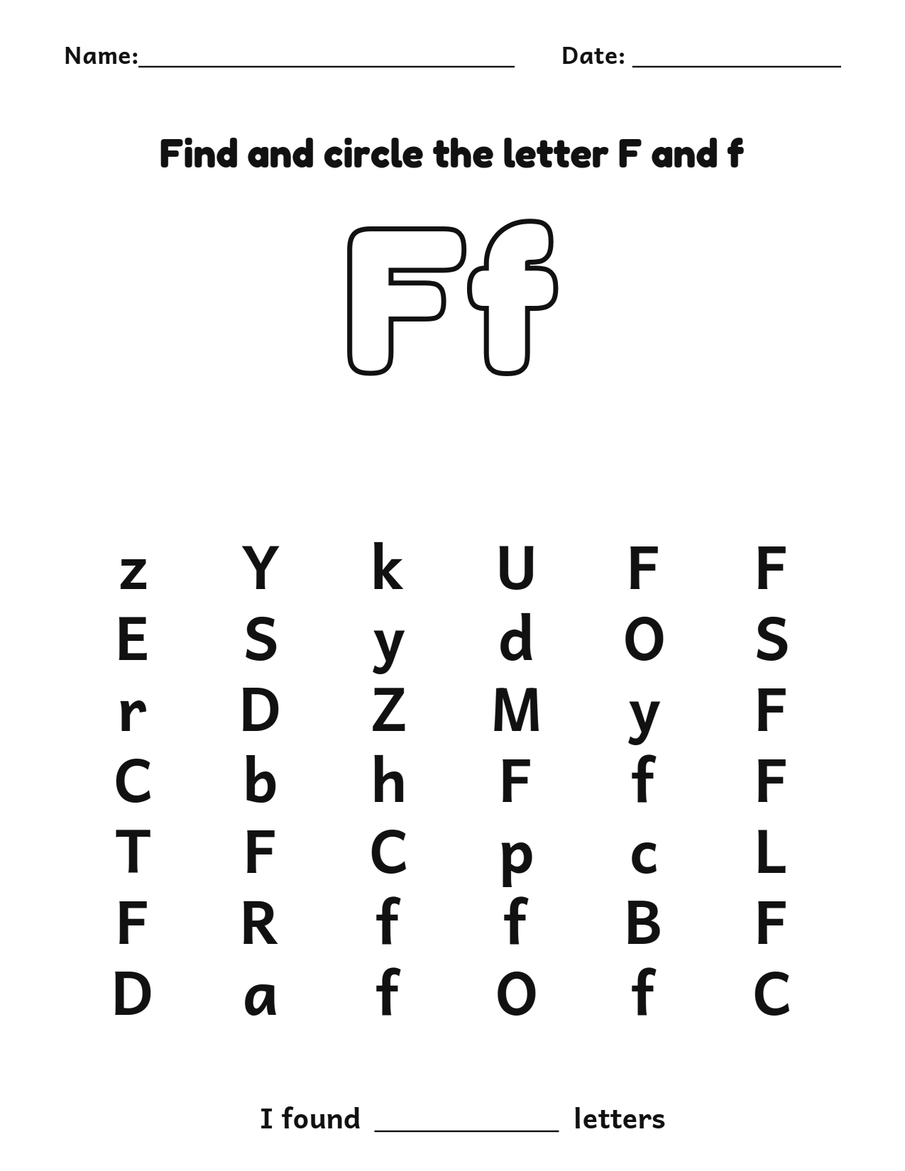 Find and circle the letter F and f letter recognition worksheet