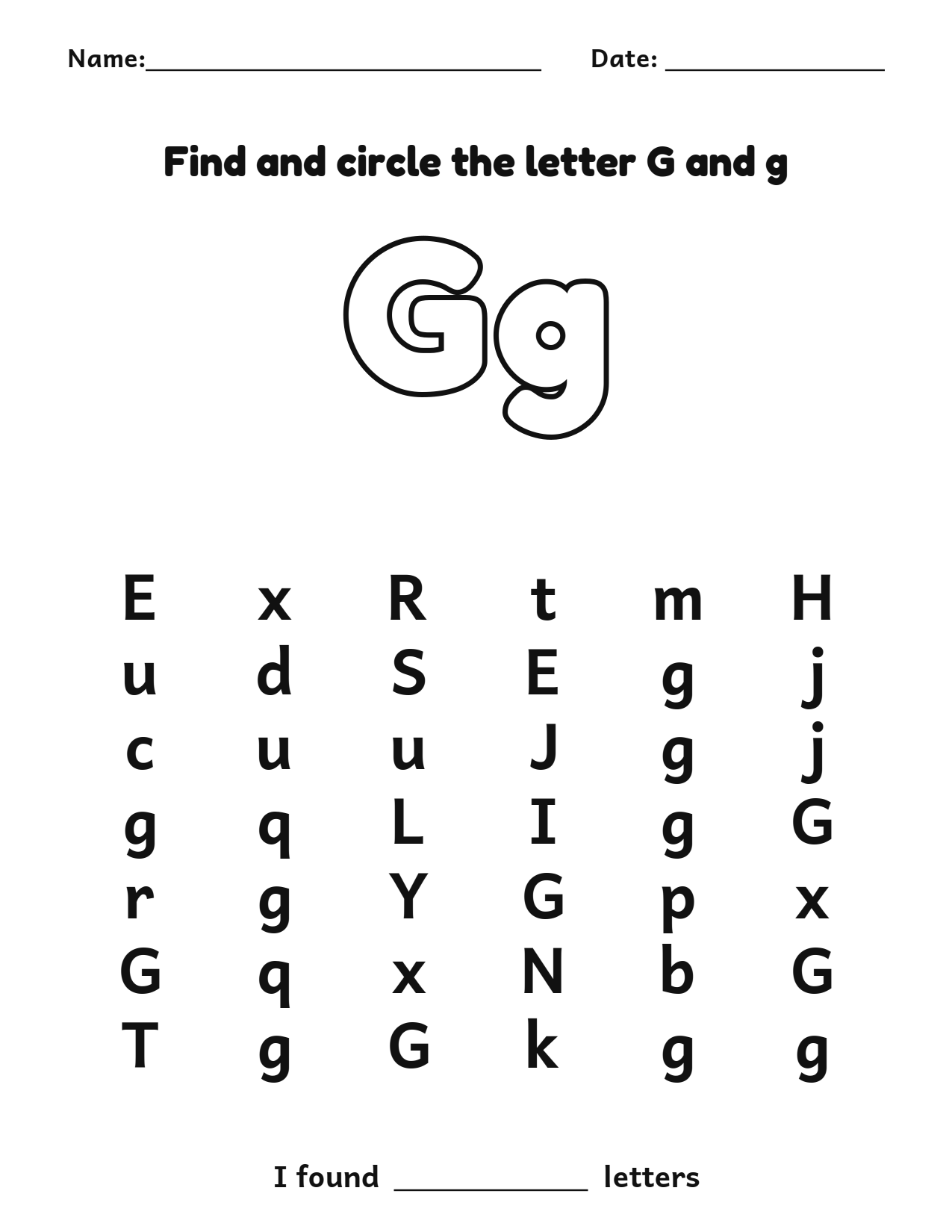 Find and circle the letter G and g letter recognition worksheet