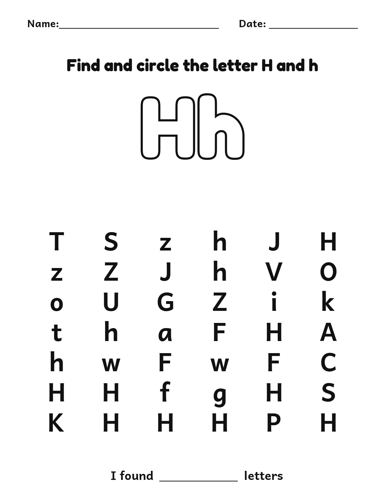 Find and circle the letter H and h letter recognition worksheet