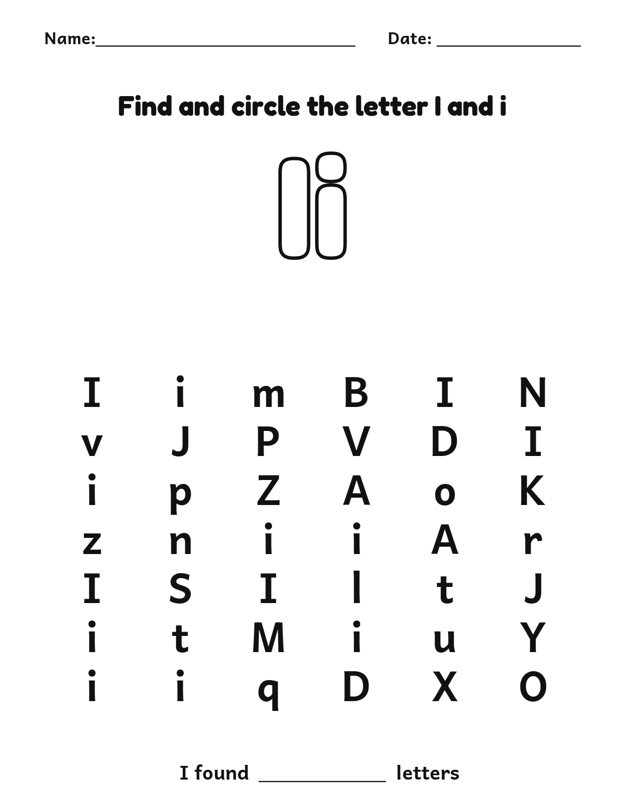 Find and circle the letter I and i letter recognition worksheet