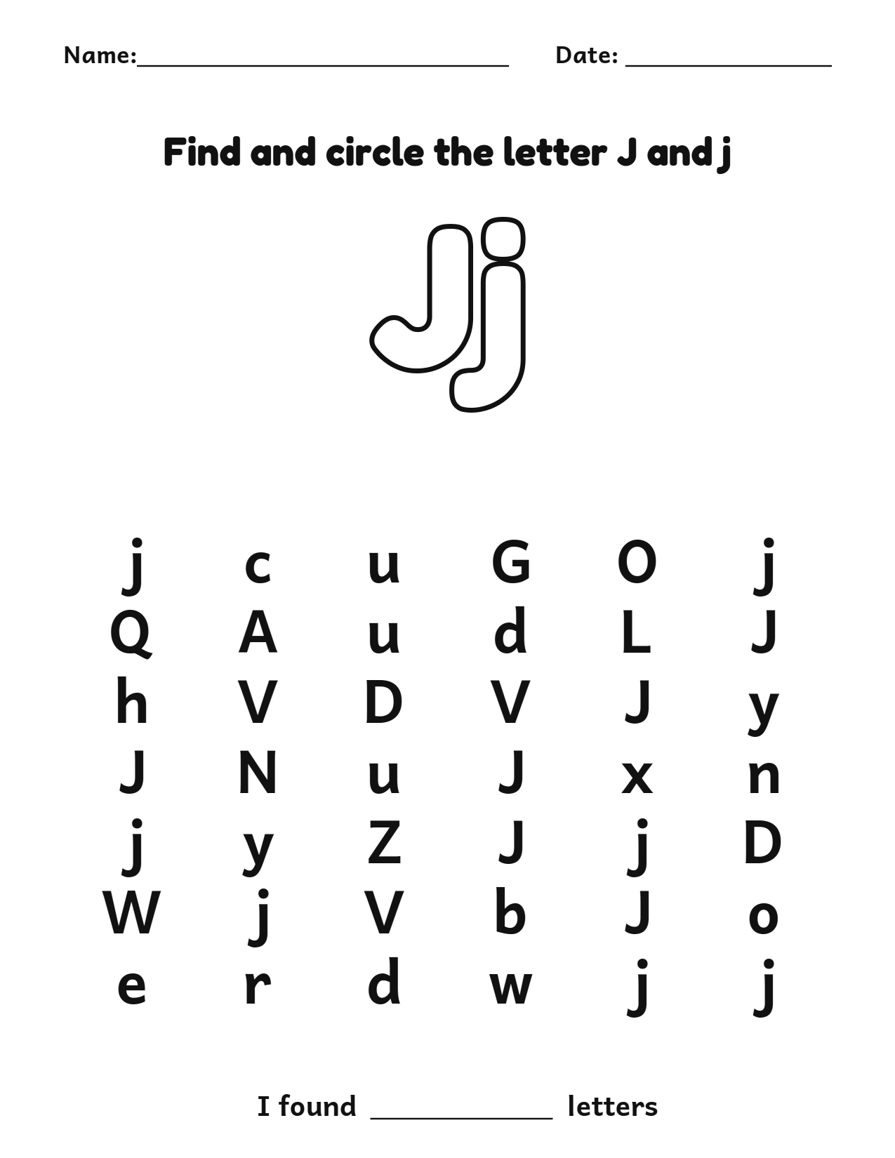 Find and circle the letter J and j letter recognition worksheet