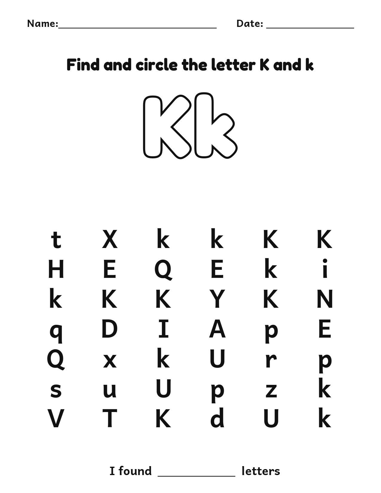 Find and circle the letter K and k letter recognition worksheet