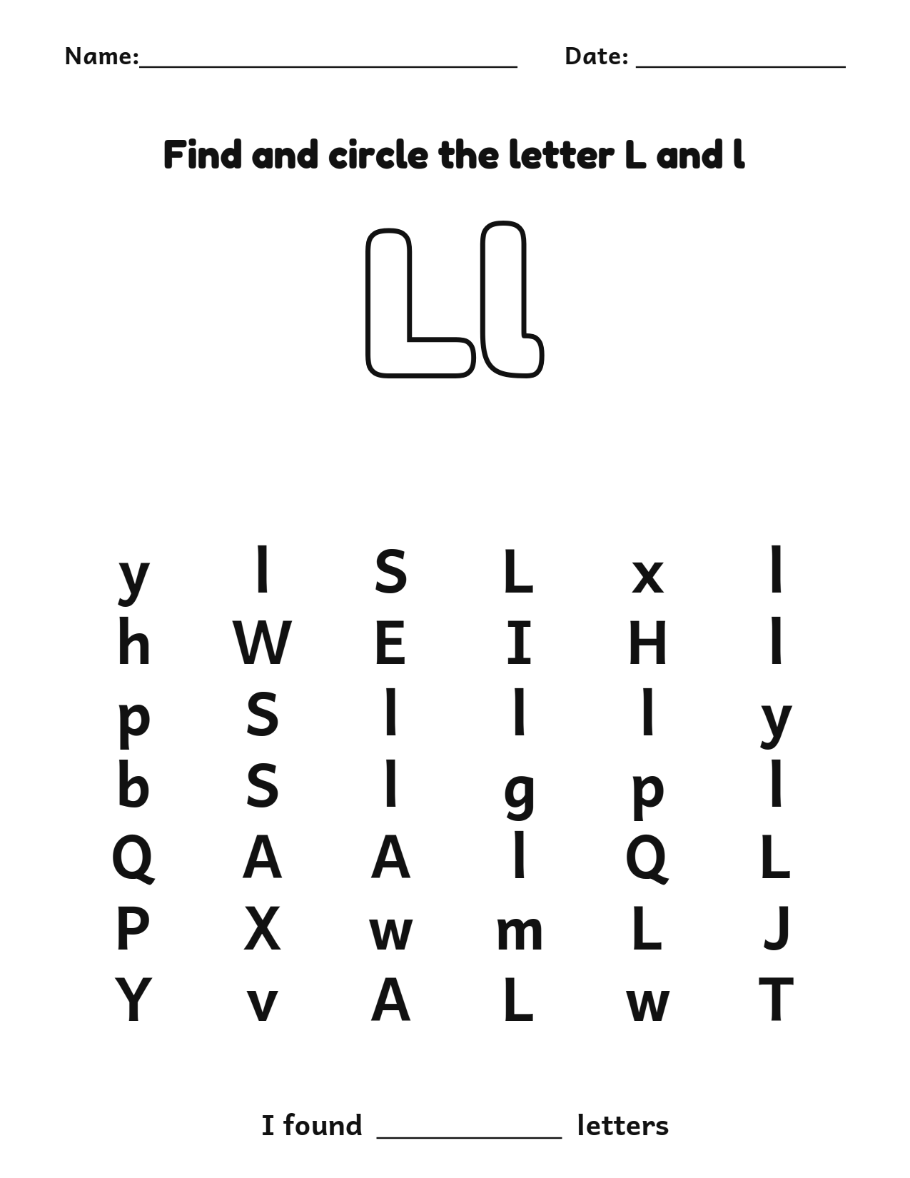 Find and circle the letter L and l letter recognition worksheet