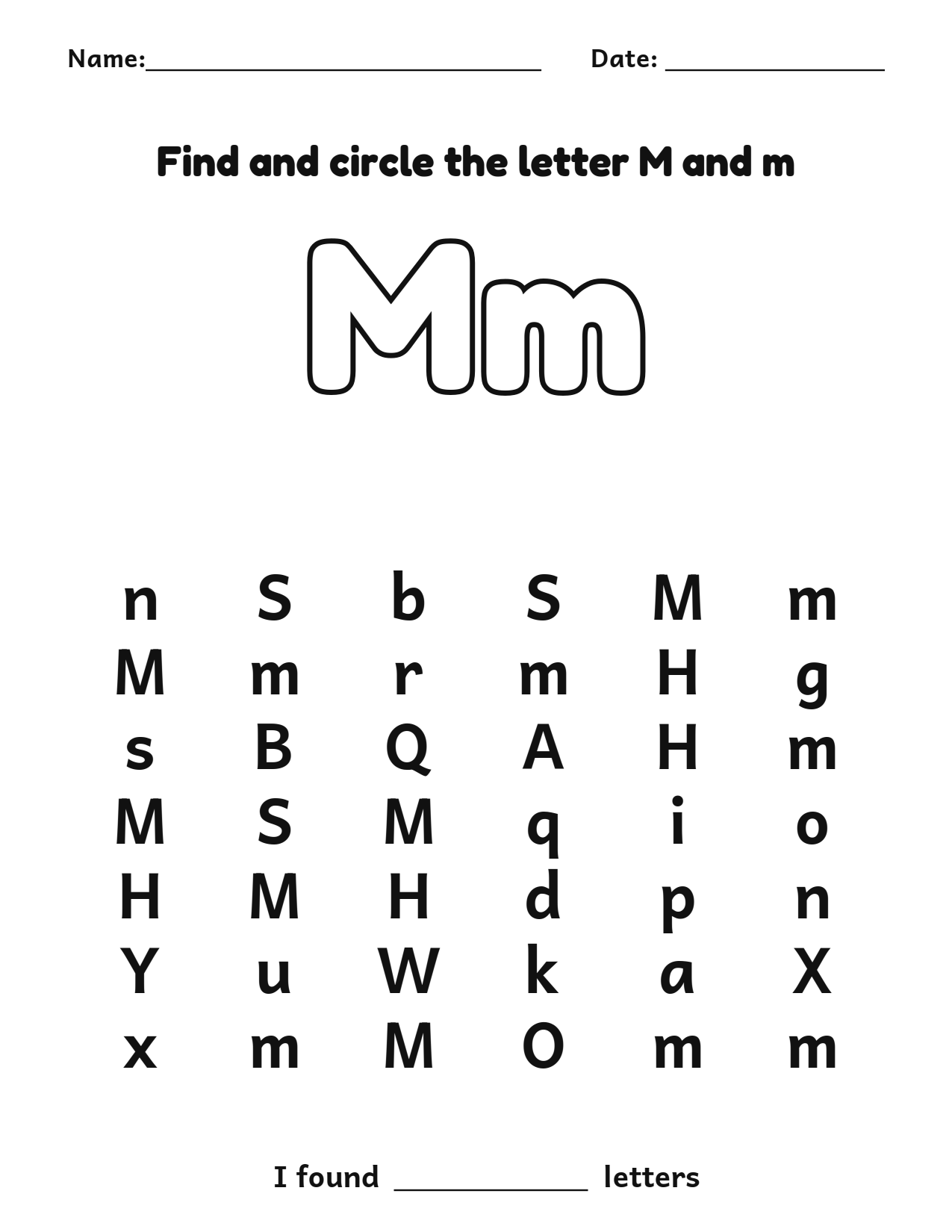 Find and circle the letter M and m letter recognition worksheet