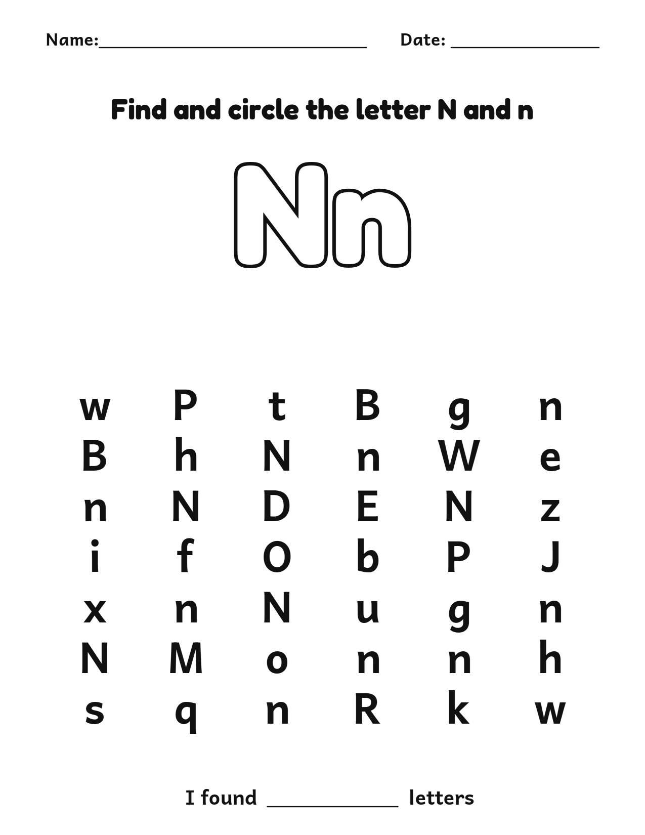 Find and circle the letter N and n letter recognition worksheet