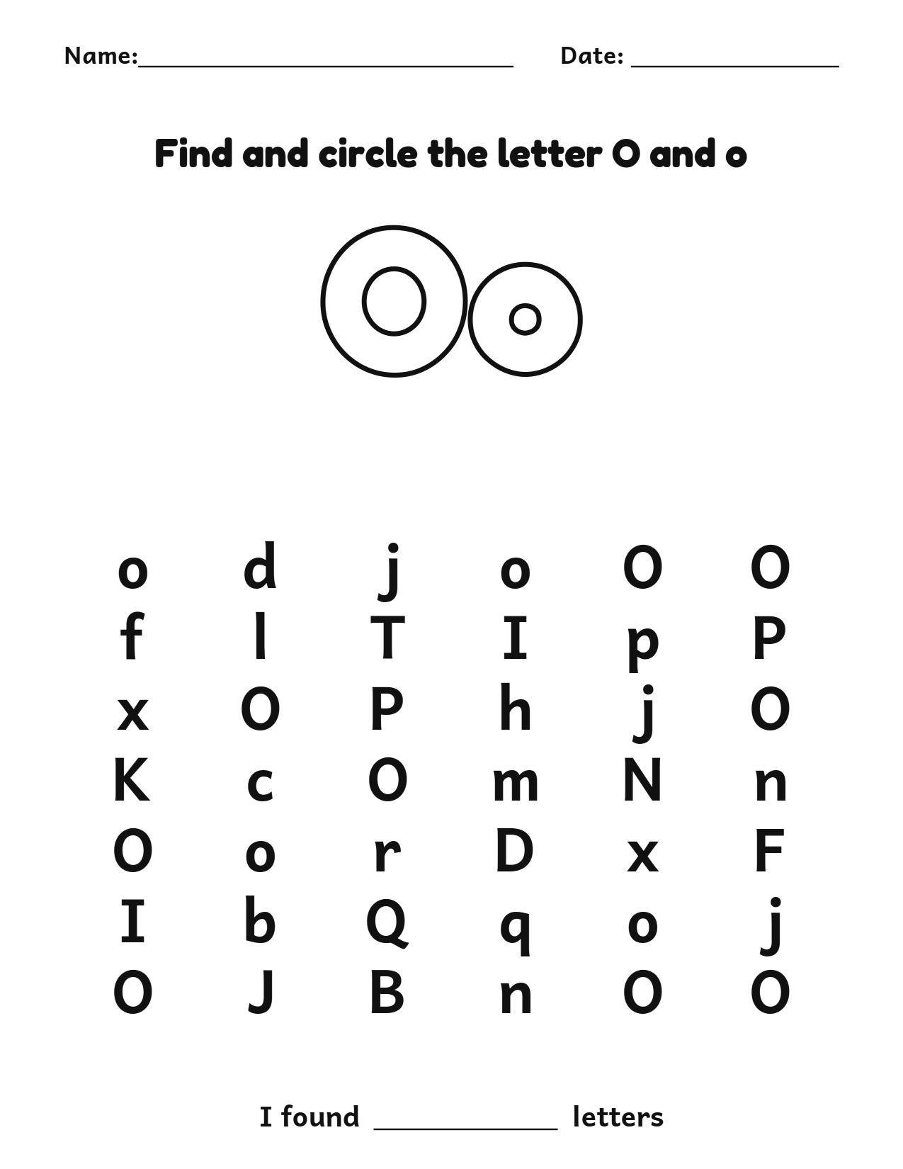 Find and circle the letter O and o letter recognition worksheet
