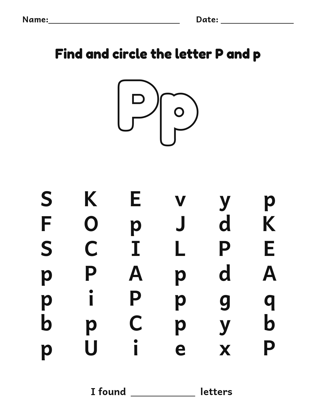 Find and circle the letter P and p letter recognition worksheet