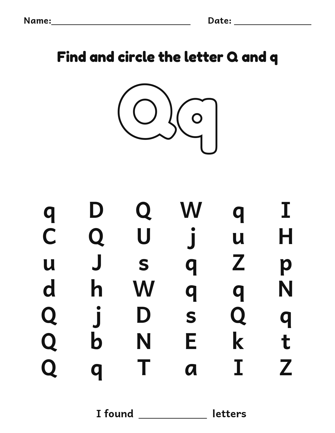 Find and circle the letter Q and q letter recognition worksheet