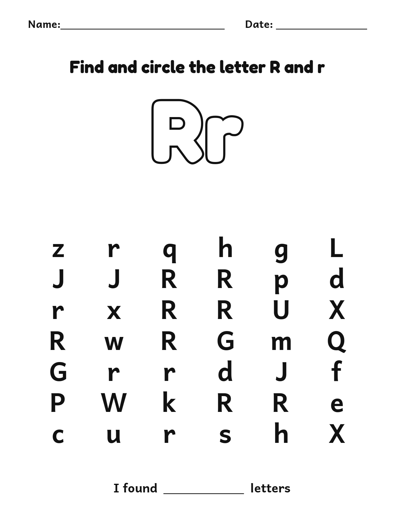 Find and circle the letter R and r letter recognition worksheet
