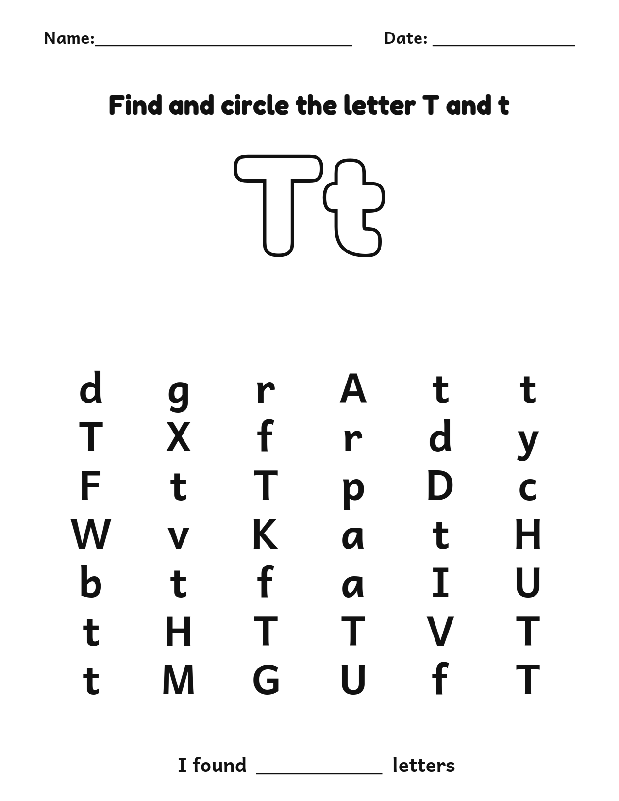 Find and circle the letter T and t letter recognition worksheet