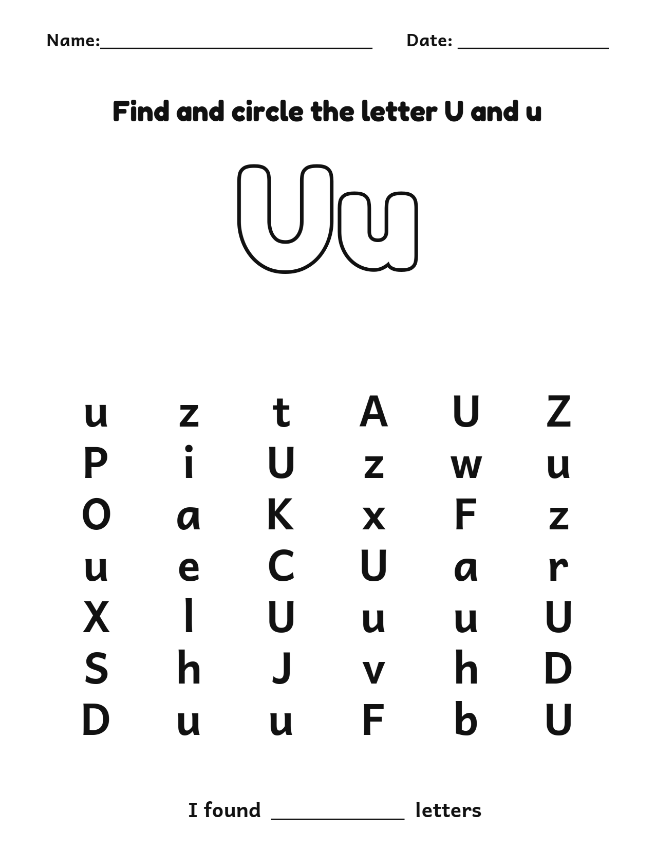 Find and circle the letter U and u letter recognition worksheet