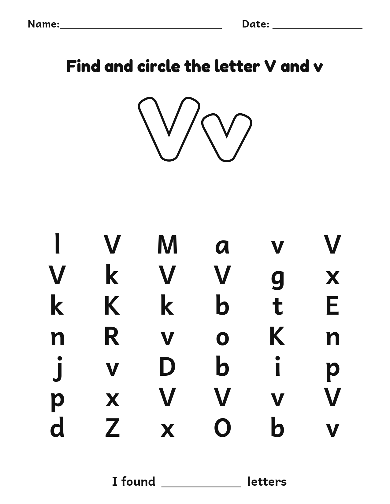 Find and circle the letter V and v letter recognition worksheet