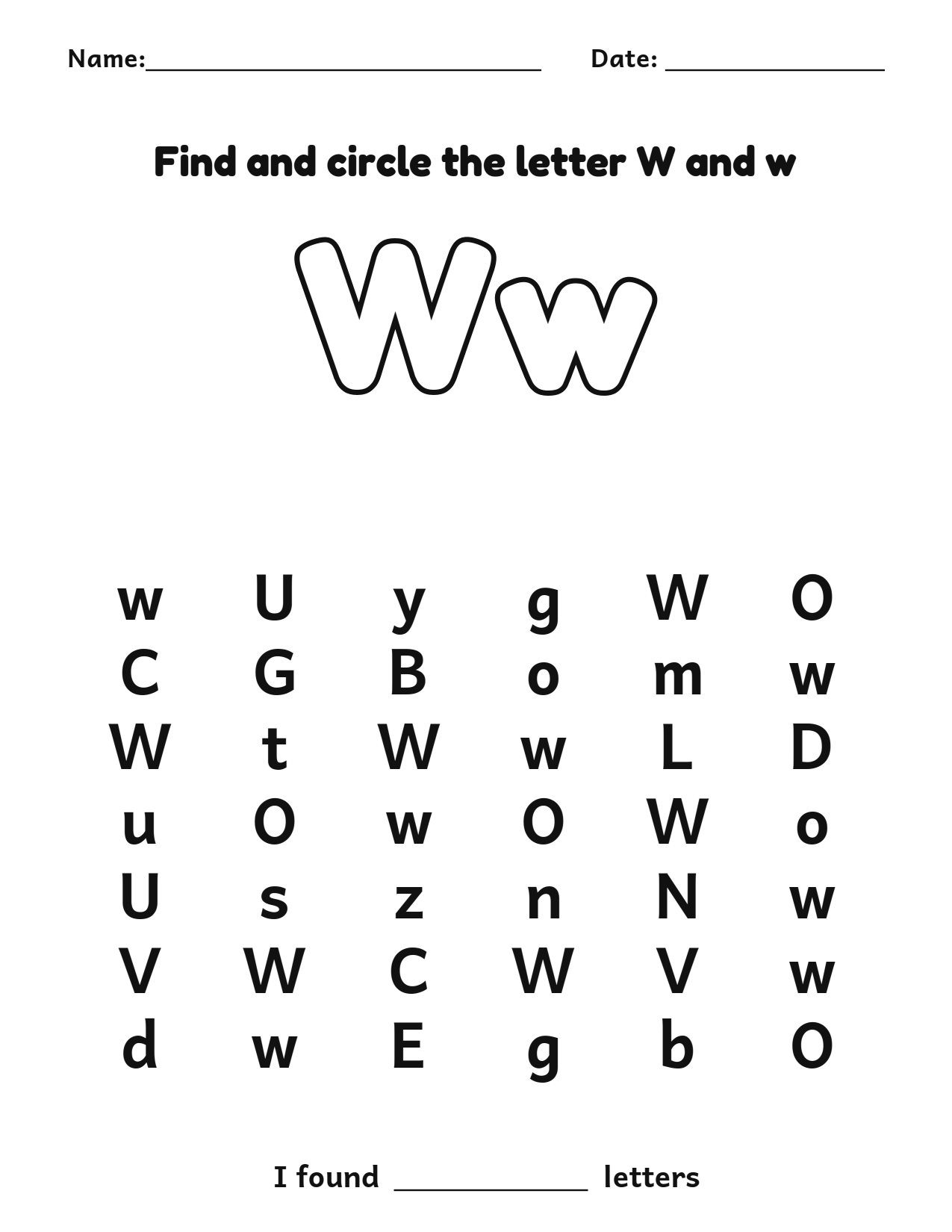 Find and circle the letter W and w letter recognition worksheet