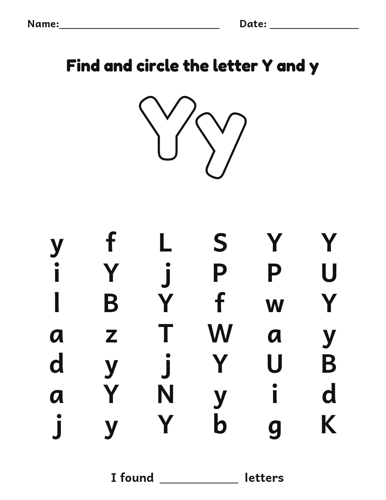 Find and circle the letter Y and y letter recognition worksheet