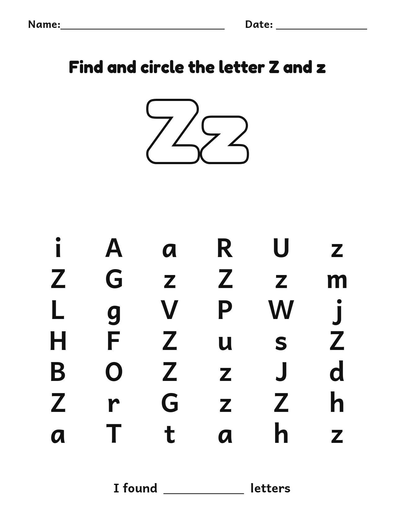 Find and circle the letter Z and z letter recognition worksheet