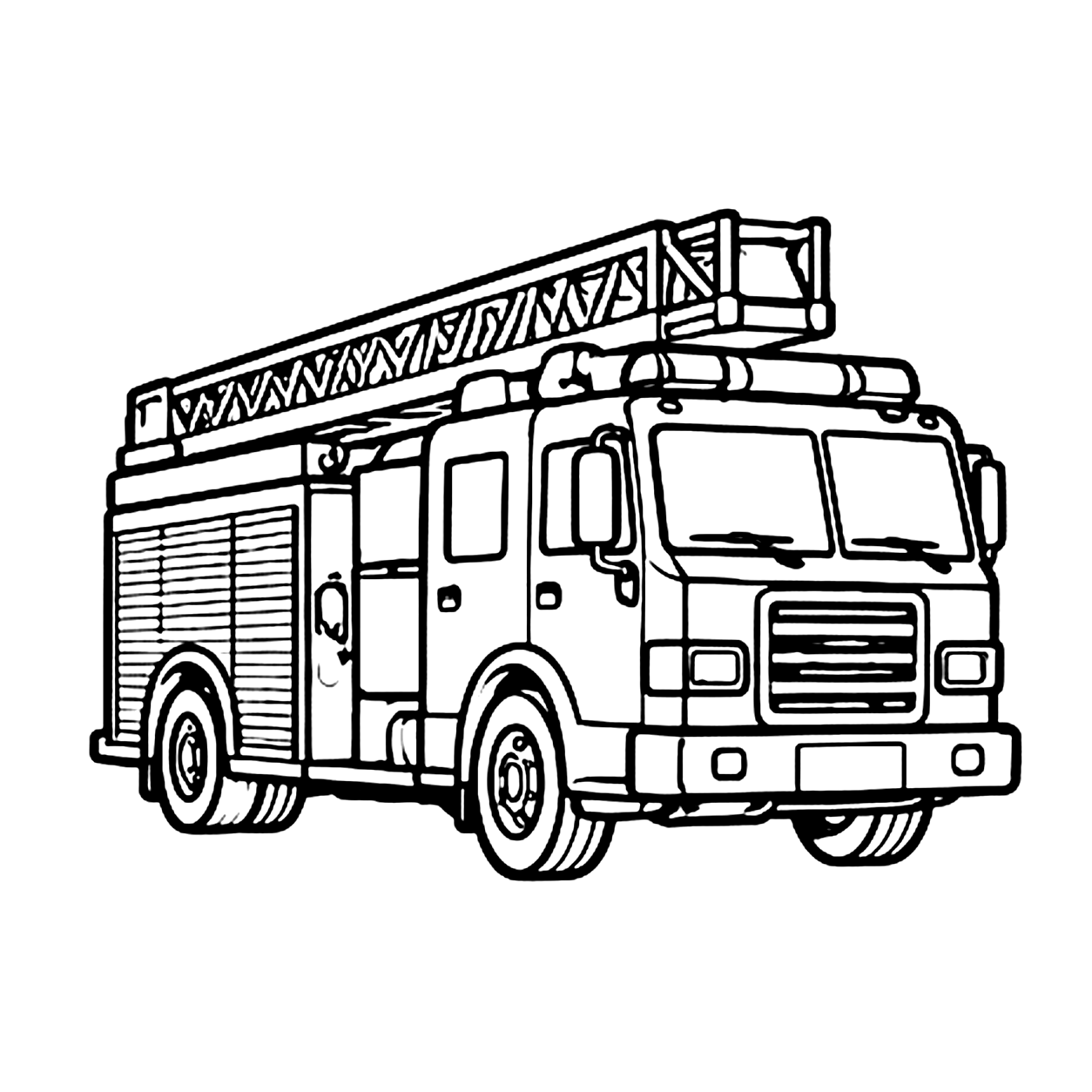 Fire truck coloring page 2: a fire truck with hoses and lights to print and color