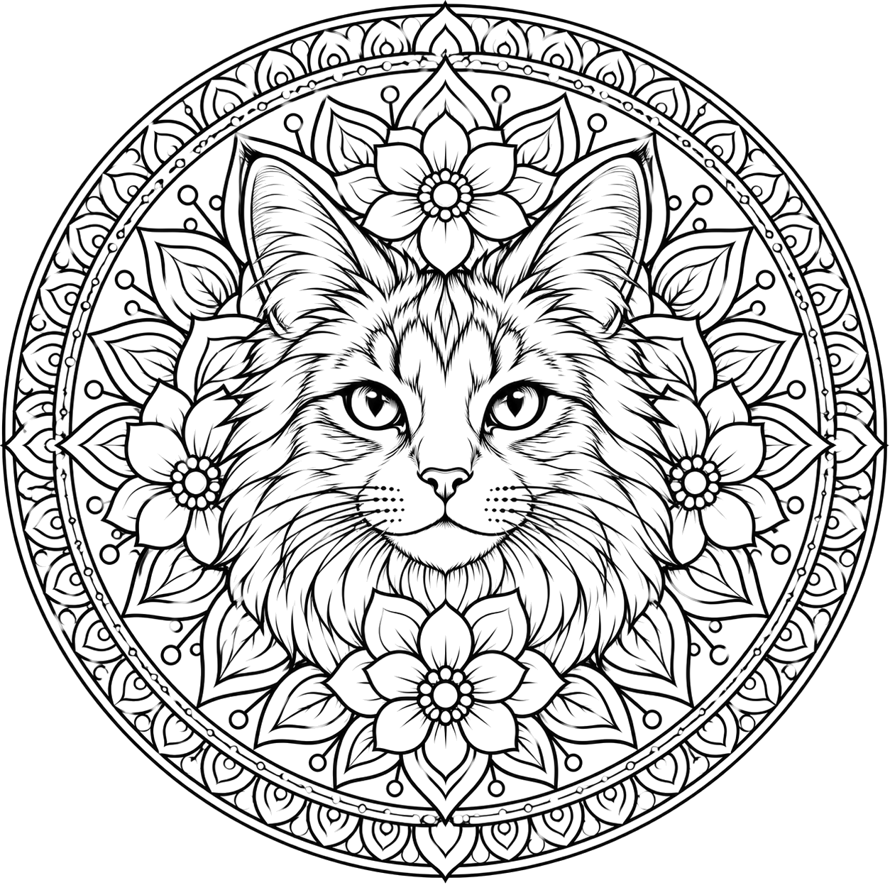 Floral Cat Mandala coloring page with intricate patterns to print and color