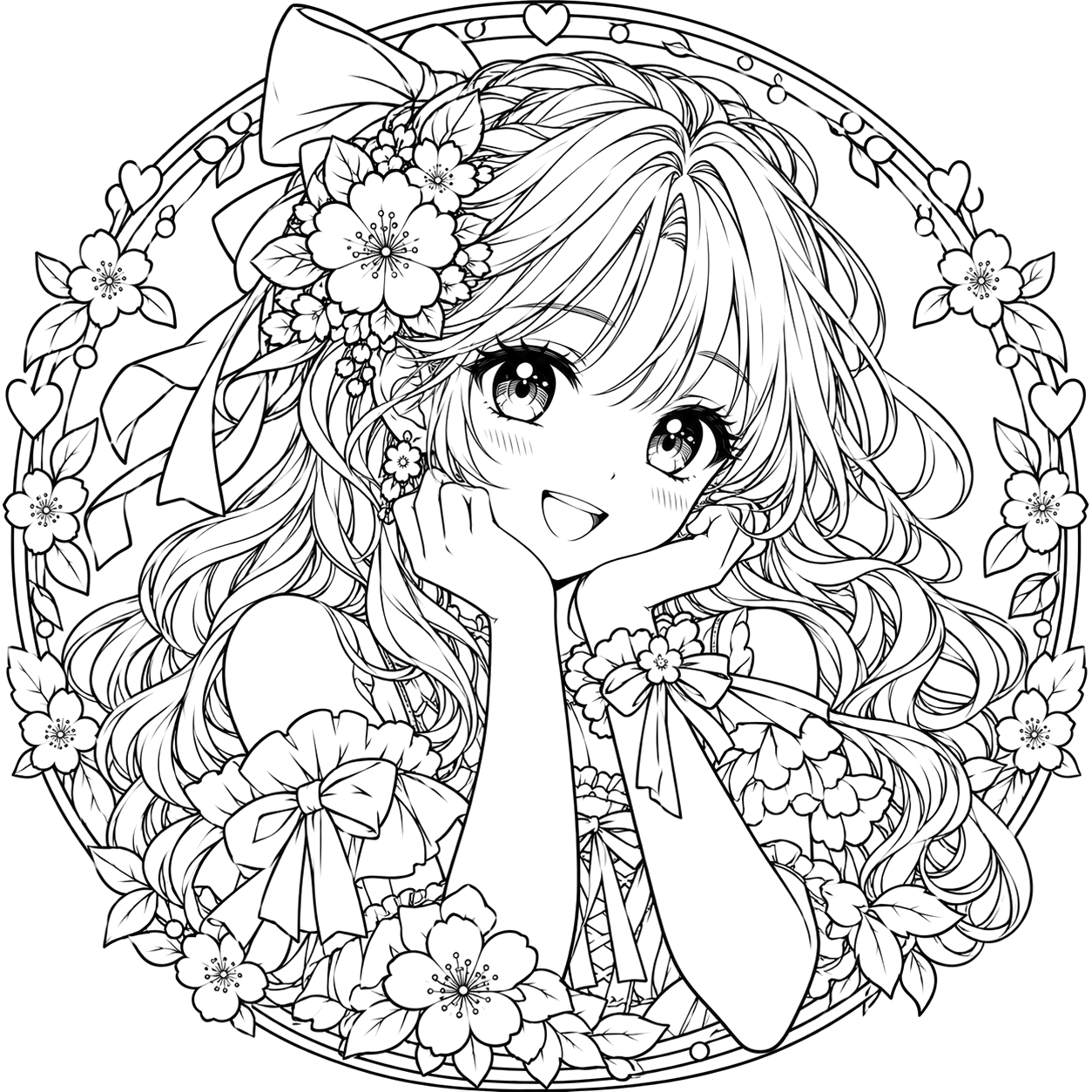 Floral Wreath Anime Girl: anime coloring page with detailed line art to print and color