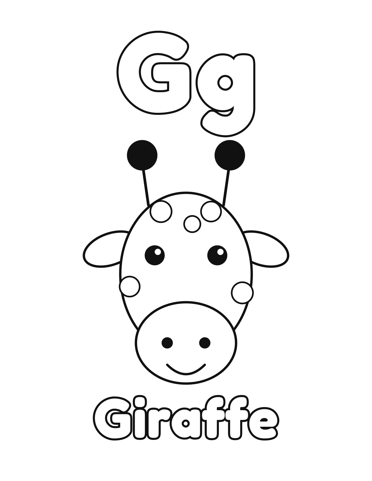 G is for Giraffe animal alphabet coloring page with a cute giraffe to color