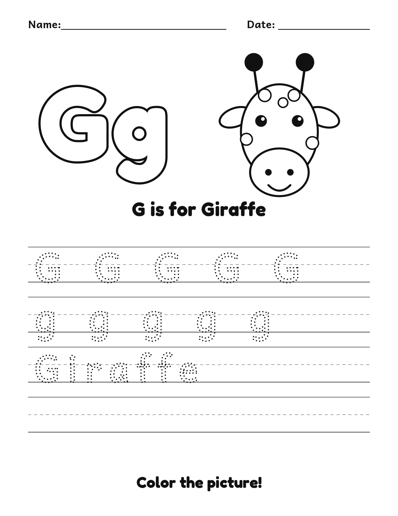 G is for Giraffe animal alphabet tracing worksheet with a giraffe picture and writing lines