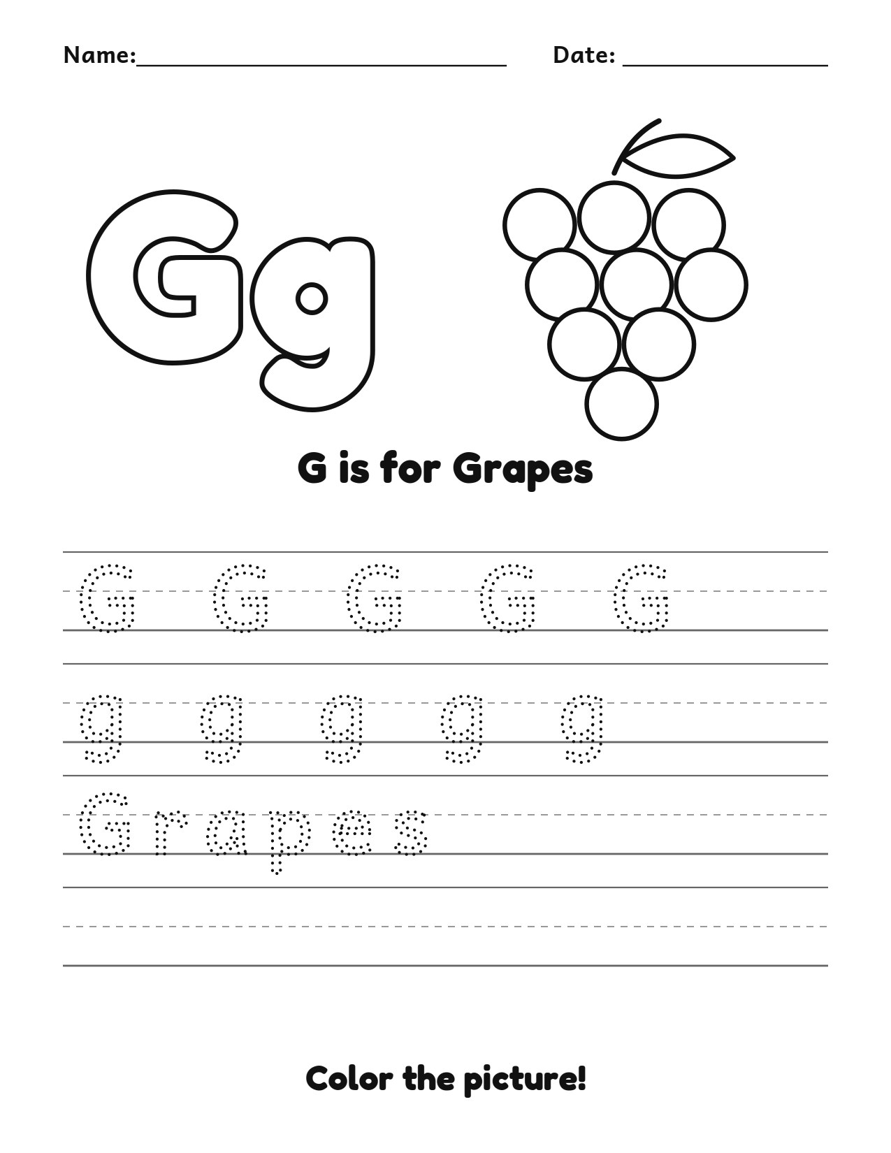 G is for Grapes fruit and vegetable tracing worksheet with a grapes picture and writing lines