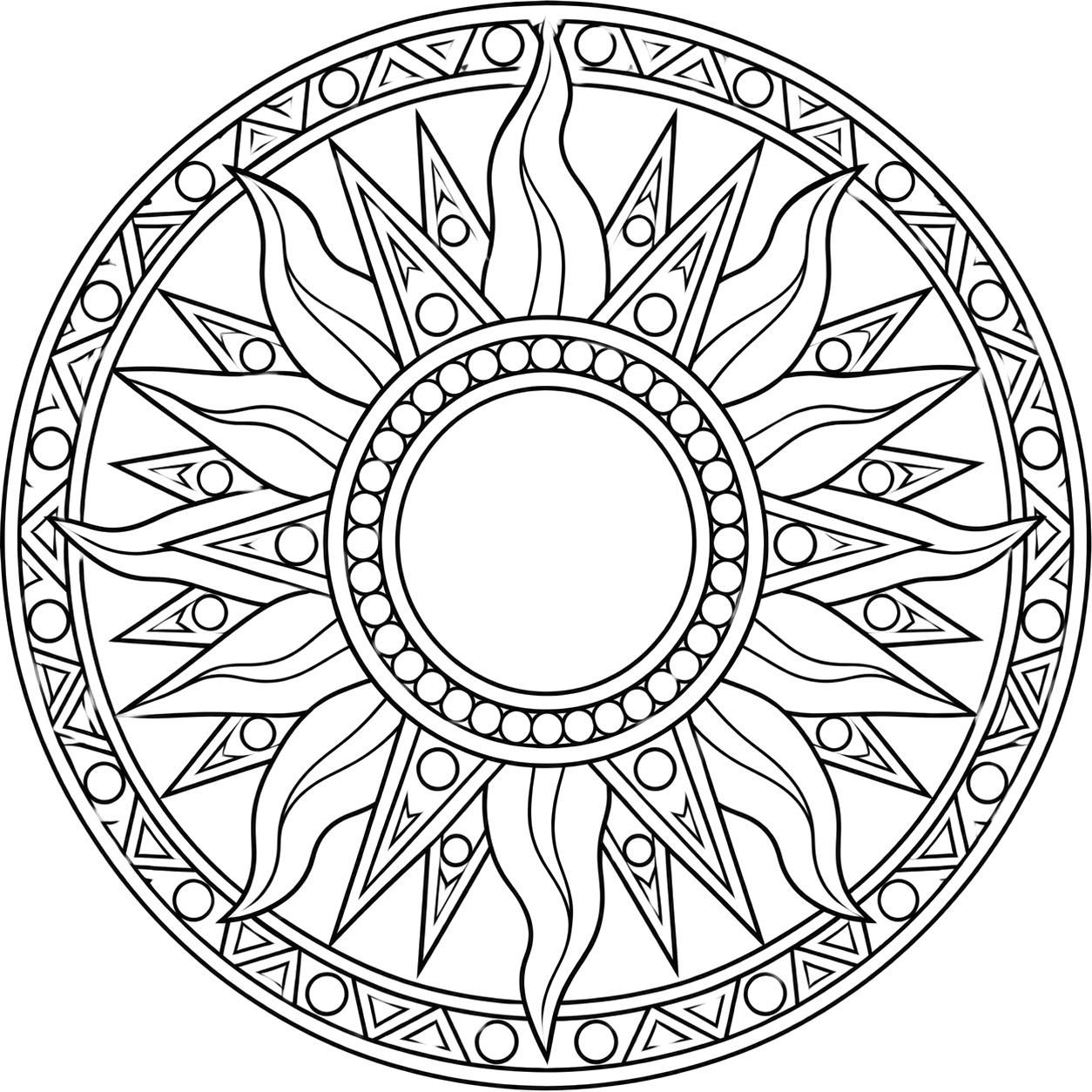 Geometric Sunburst Mandala coloring page with intricate patterns to print and color