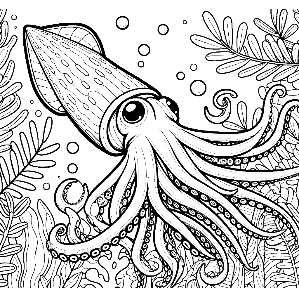 Free printable giant squid coloring page 10 to print and color