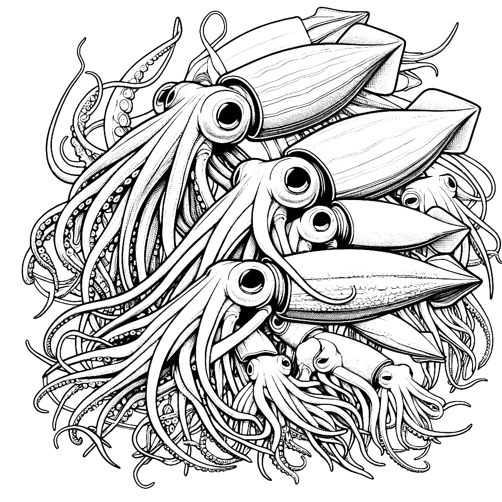 Free printable giant squid coloring page 11 black and white outline